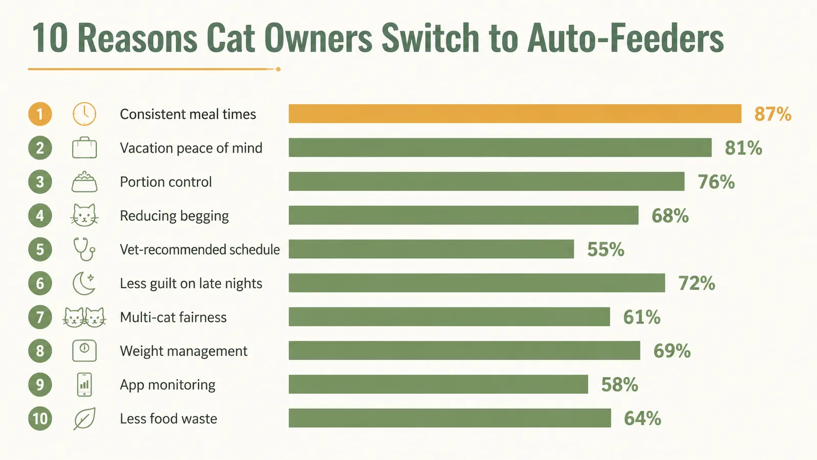 Chart showing cat wake-up calls before and after using an automatic feeder, with frequency dropping sharply