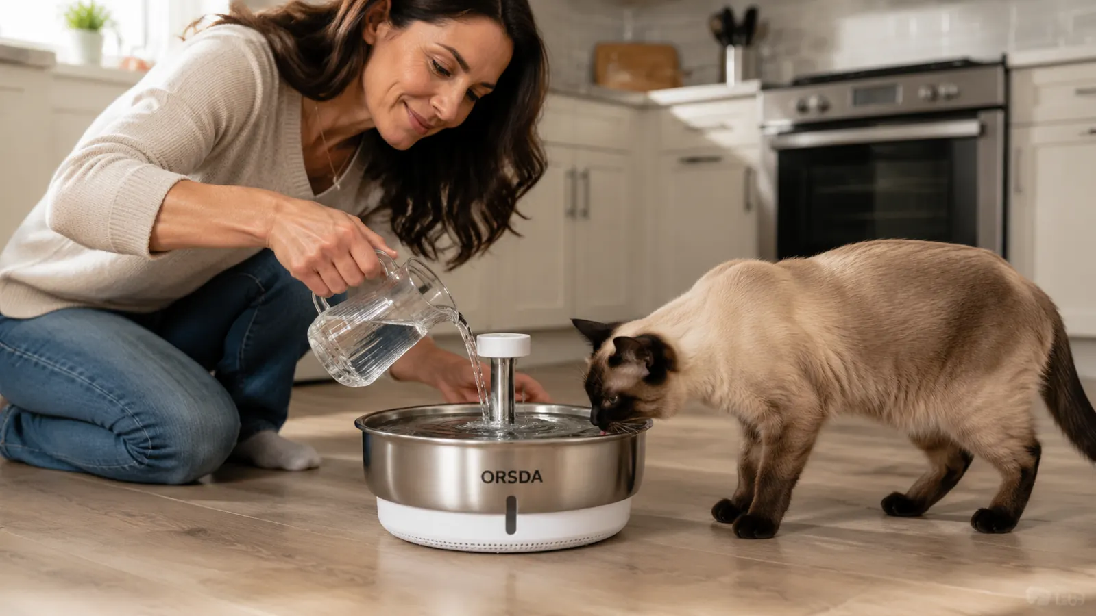 Cat ignoring a ceramic water bowl while drinking from a running fountain beside it