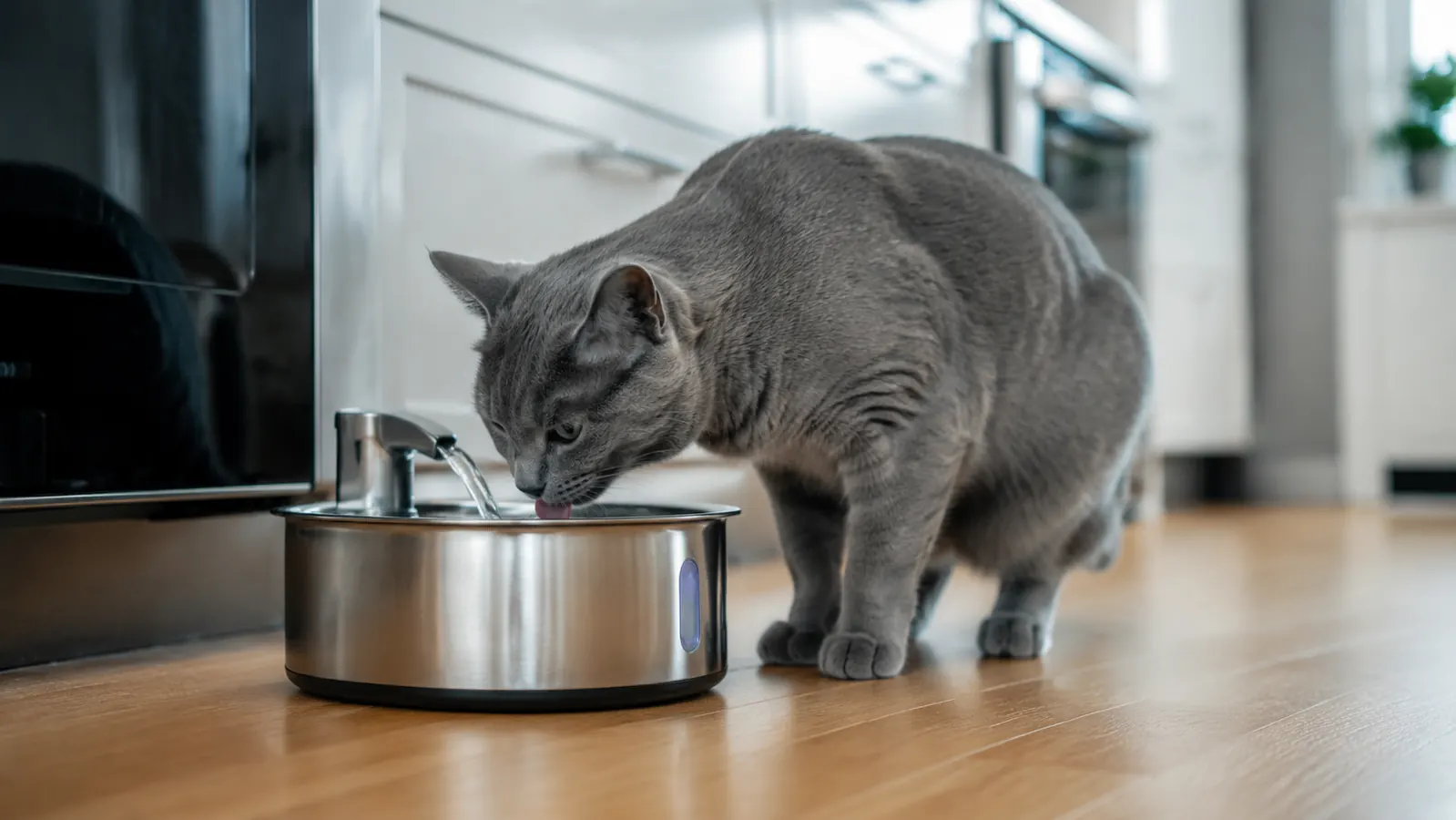 Orange tabby cat drinking from a flowing stainless steel cat water fountain on a kitchen counter