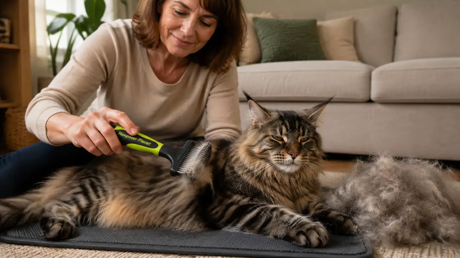Person using a double-sided deshedding rake to groom a long-haired cat on a wooden table