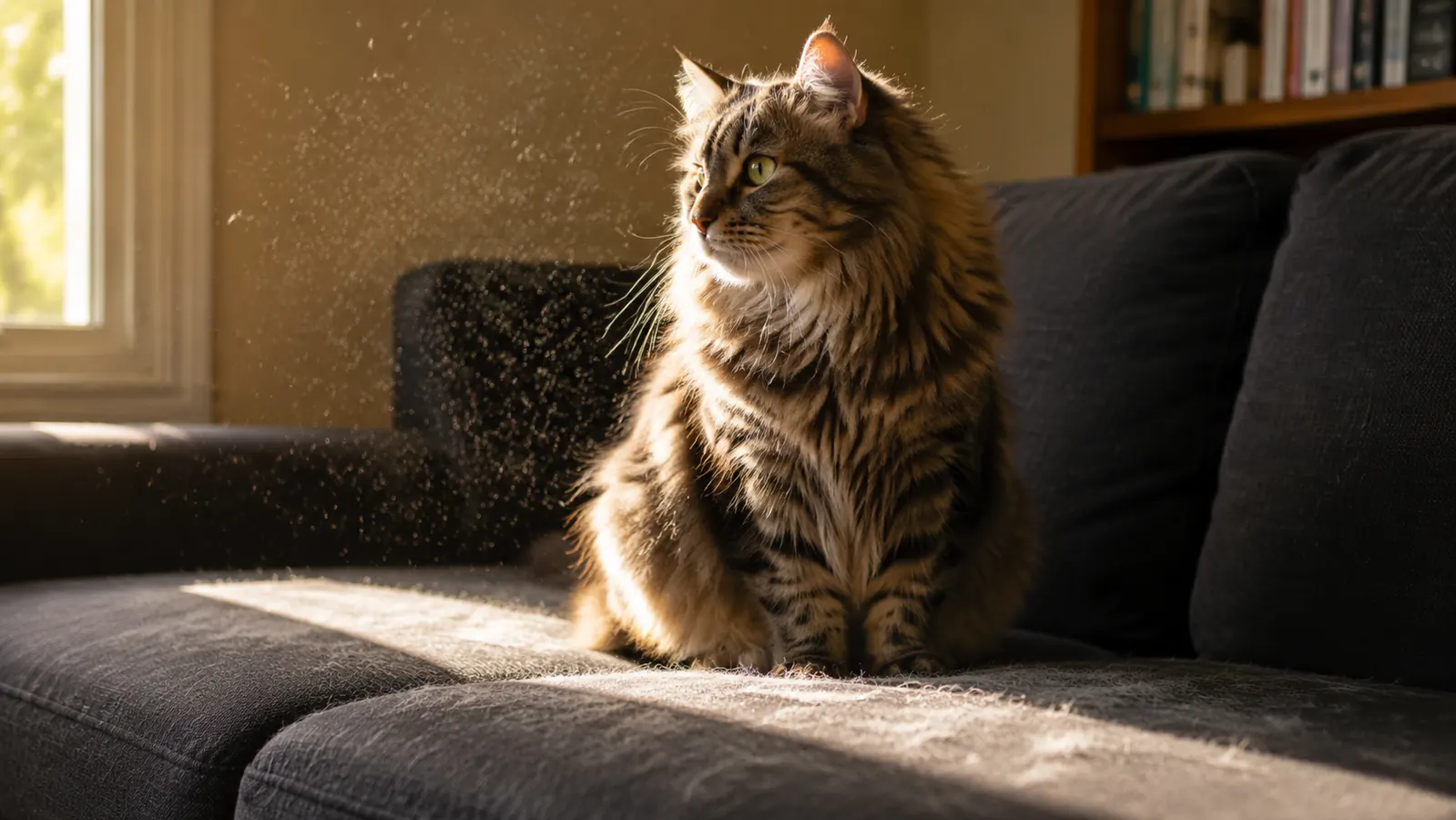 Long-haired tabby cat sitting on a white couch surrounded by loose fur clumps in morning light