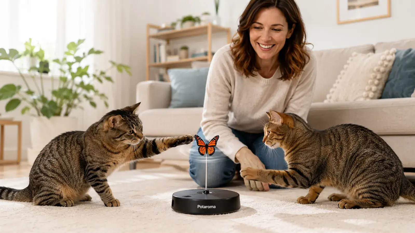 Close-up of a cat batting at the Potaroma 3-in-1 toy while it spins on a living room rug