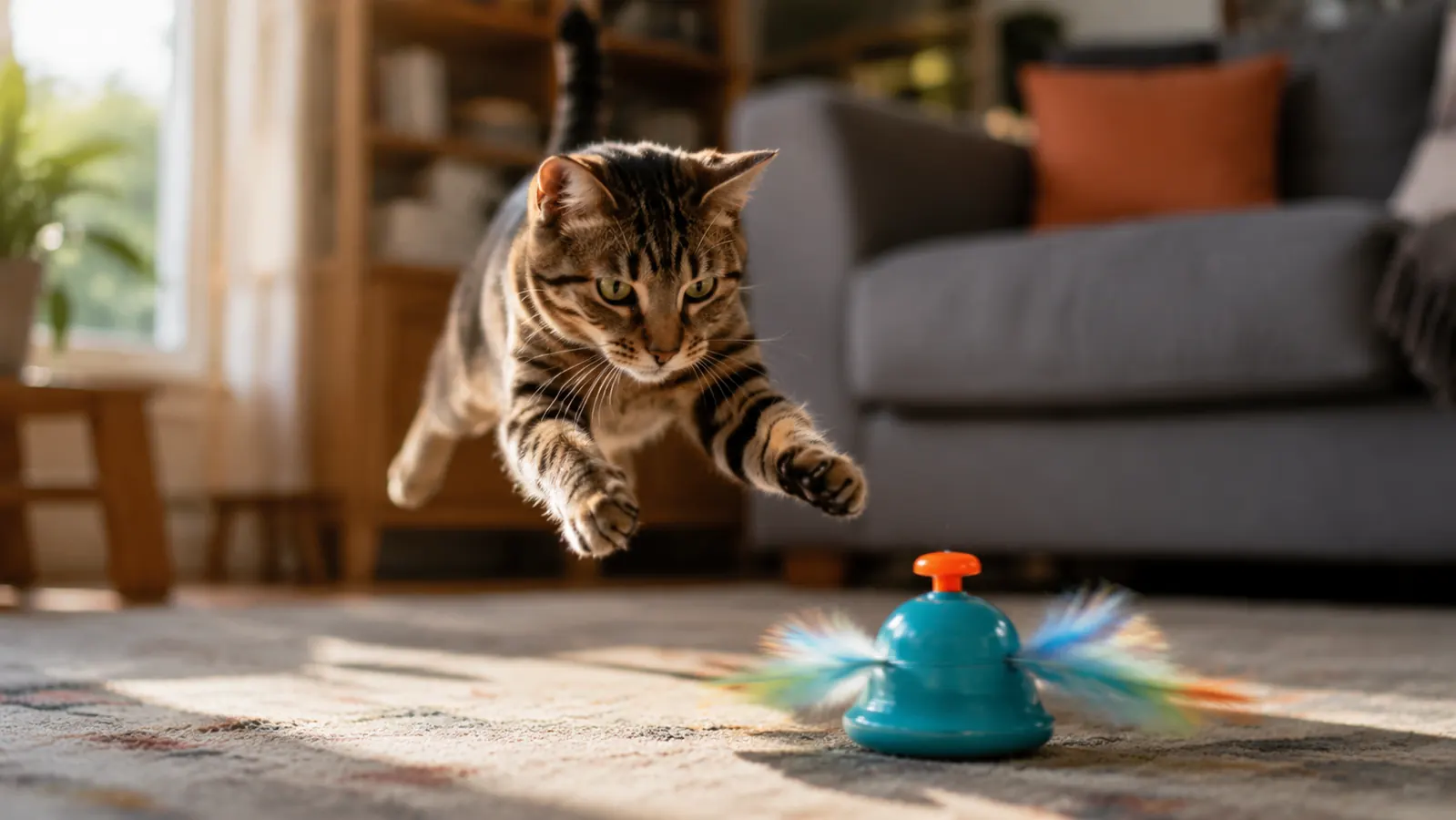 Indoor tabby cat mid-pounce reaching toward a fluttering butterfly toy on a wood floor in warm afternoon light