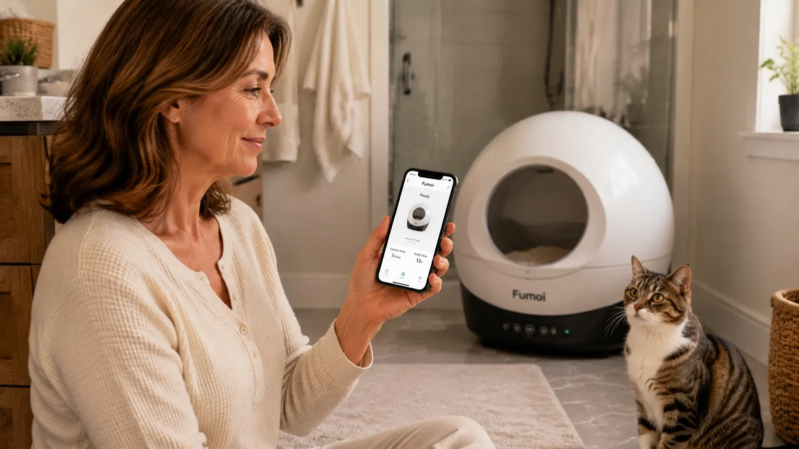 Cat using the Fumoi automatic litter box while owner relaxes on a sofa in the background