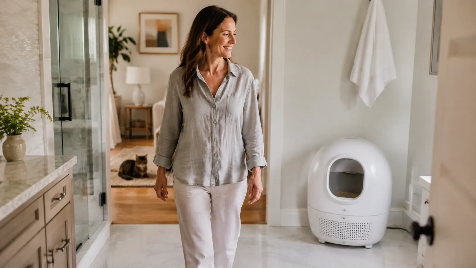 Modern self-cleaning litter box in a bright, clean laundry room with a tabby cat walking toward it