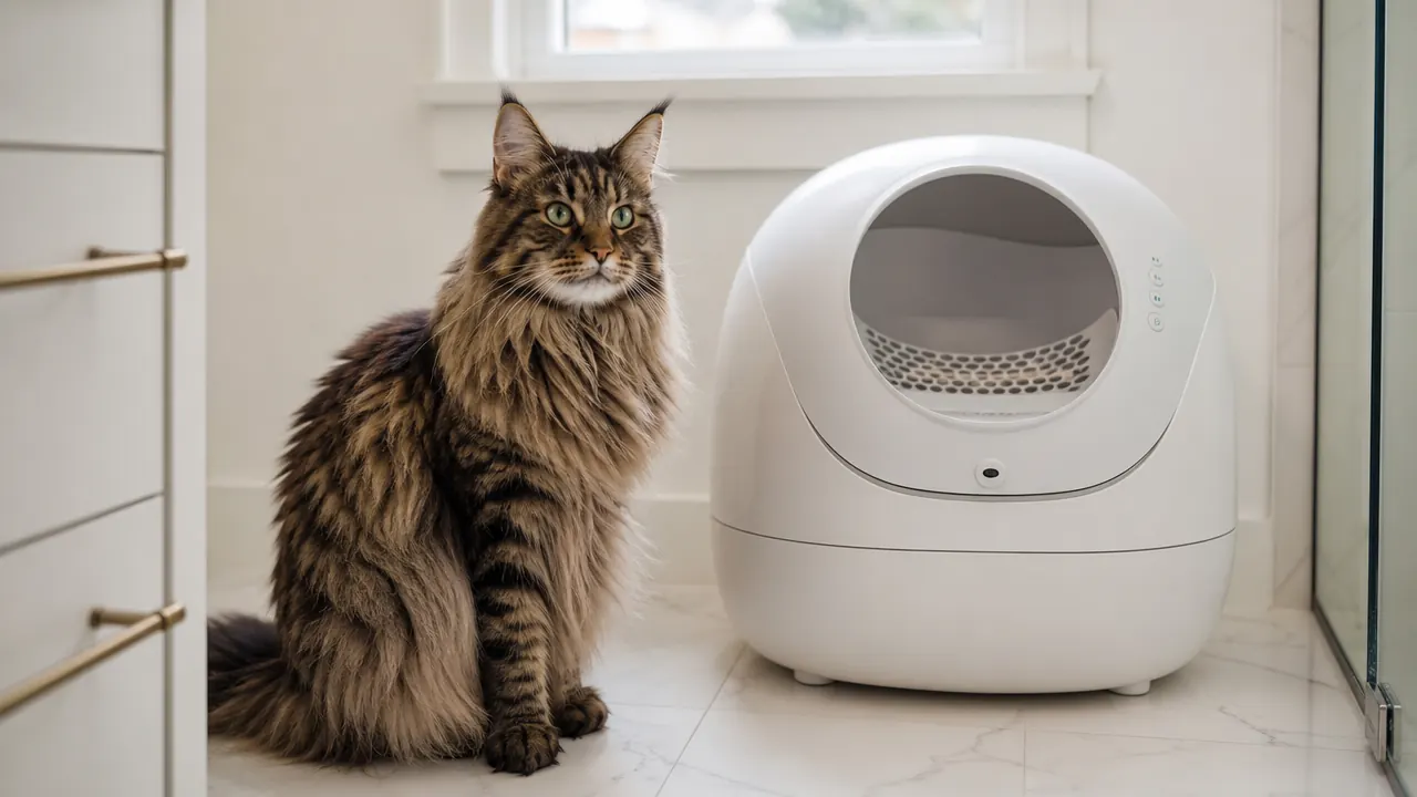 White automatic self-cleaning litter box in a bathroom corner with a large Maine Coon cat sitting nearby looking uncertain