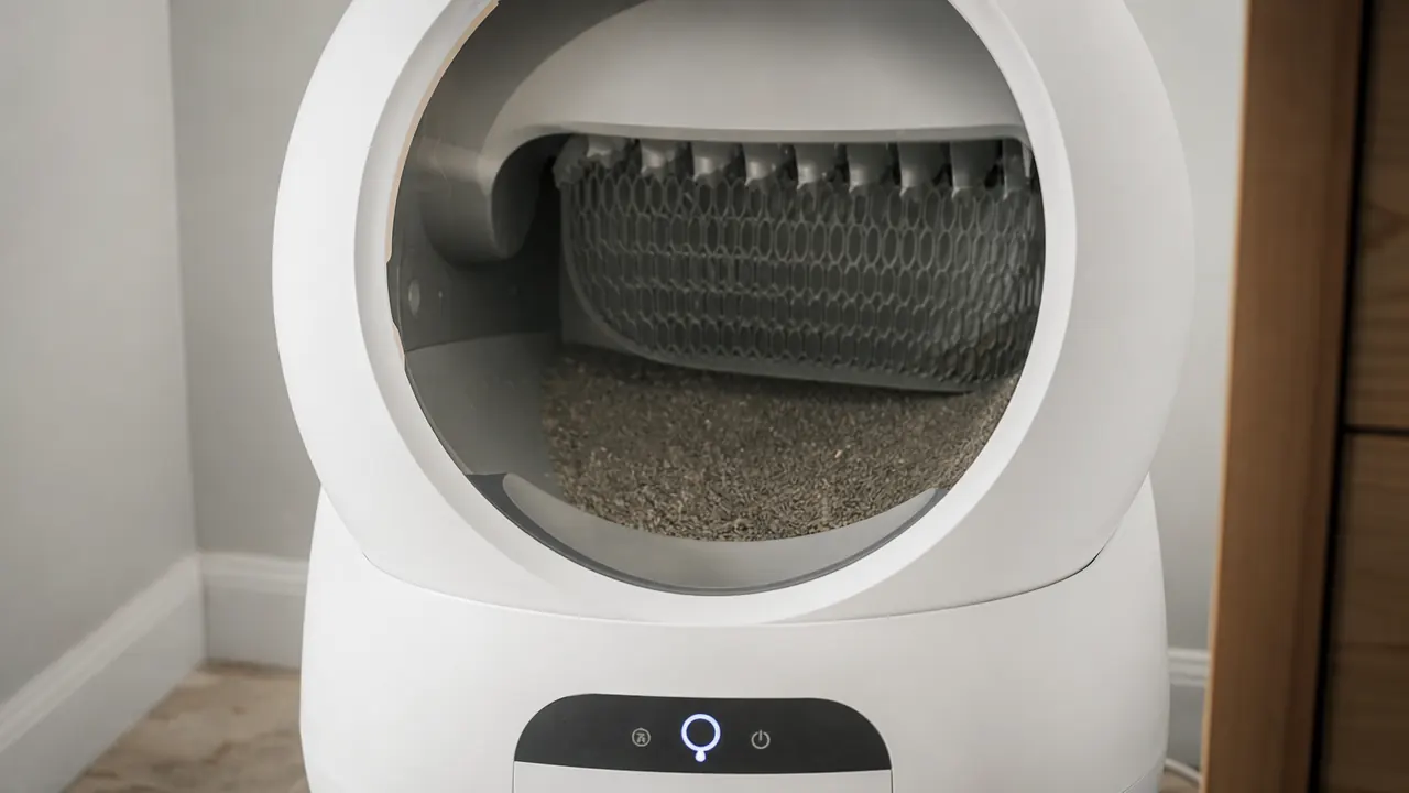 Gray tuxedo cat sitting calmly beside an automatic litter box in a home hallway