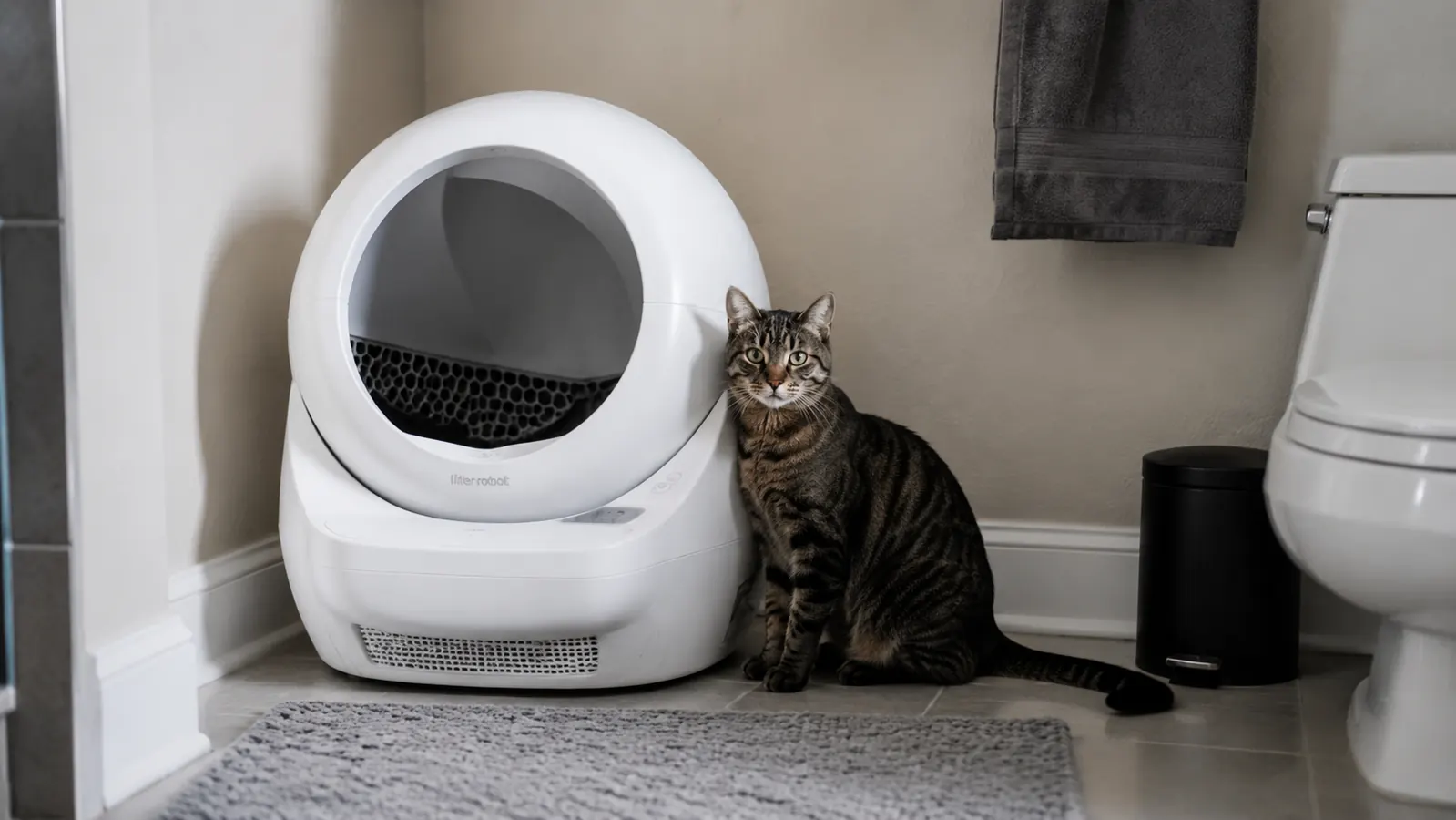 Modern automatic self-cleaning litter box in a clean laundry room with soft natural light