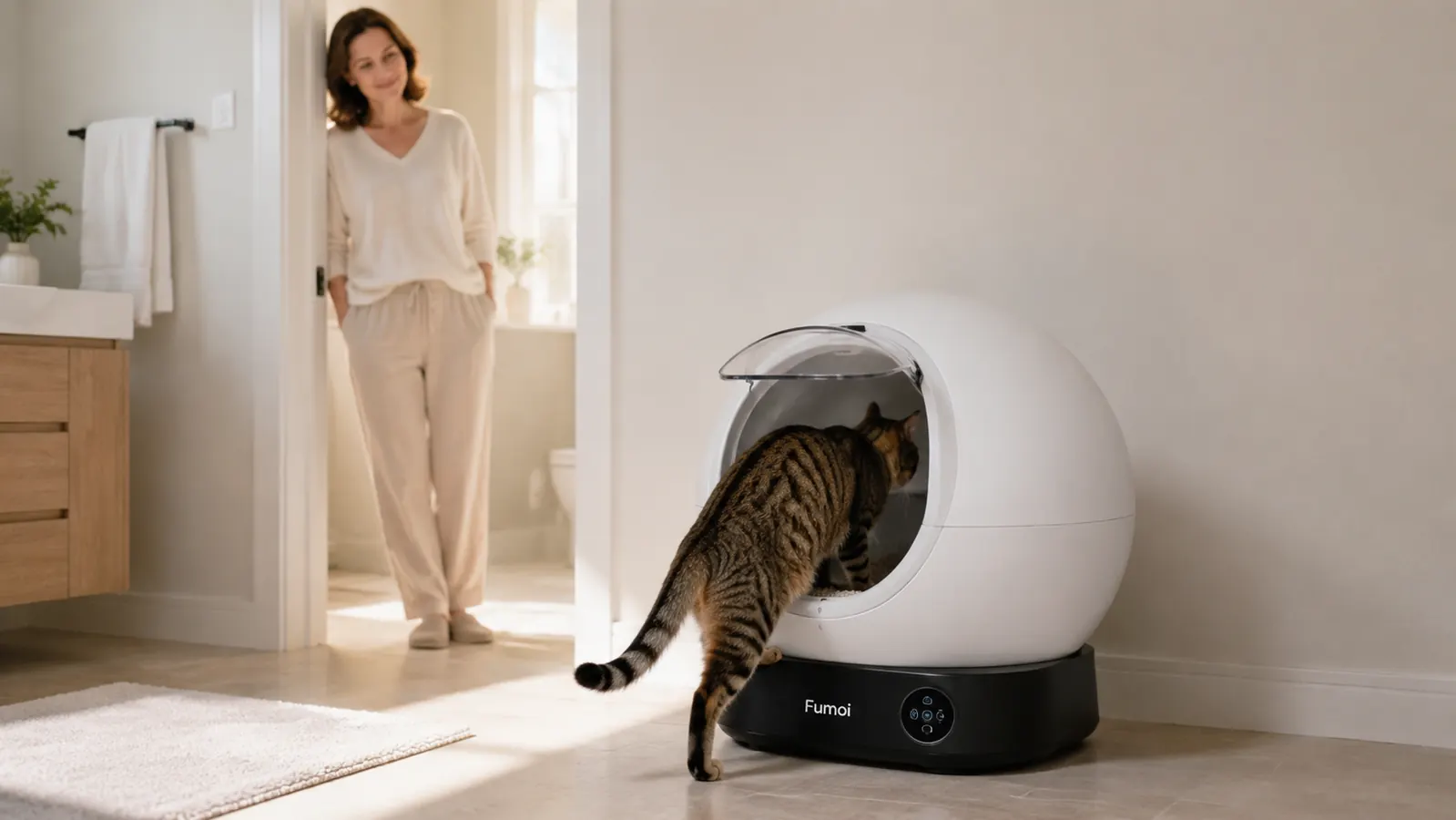 Hand pressing a button on an automatic litter box control panel to start a cleaning cycle