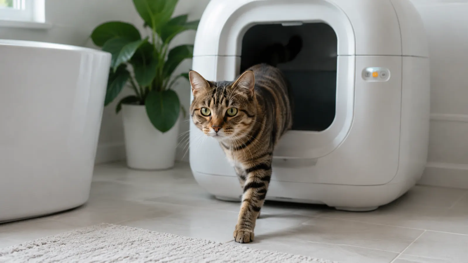 Two cats resting comfortably near their litter area in a bright apartment living space