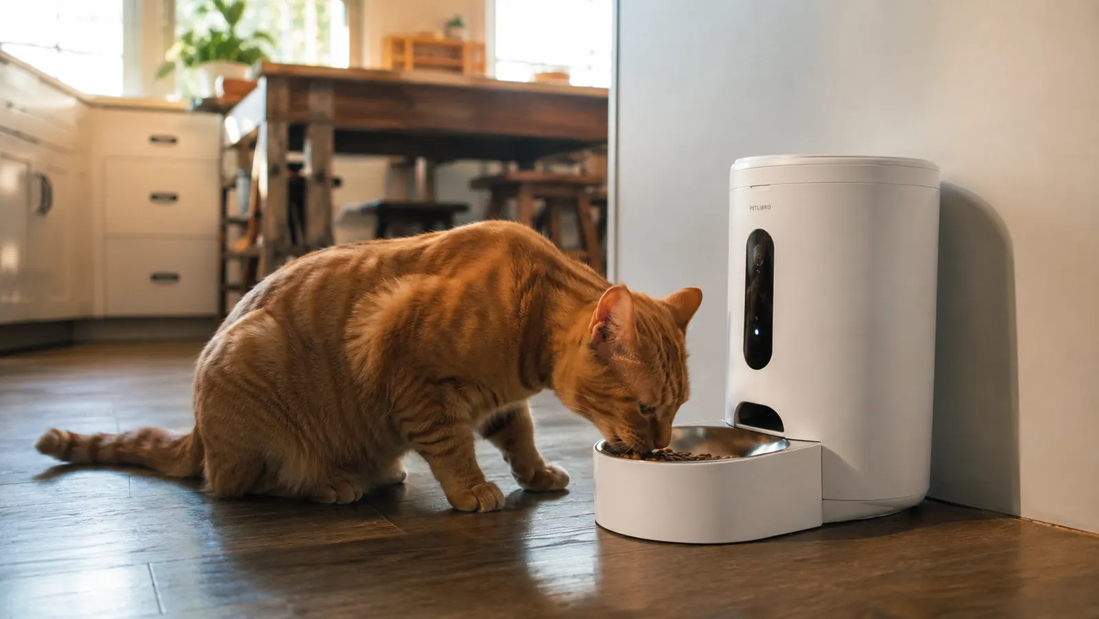 Single cat sitting in front of an automatic feeder in a small apartment kitchen, looking curious