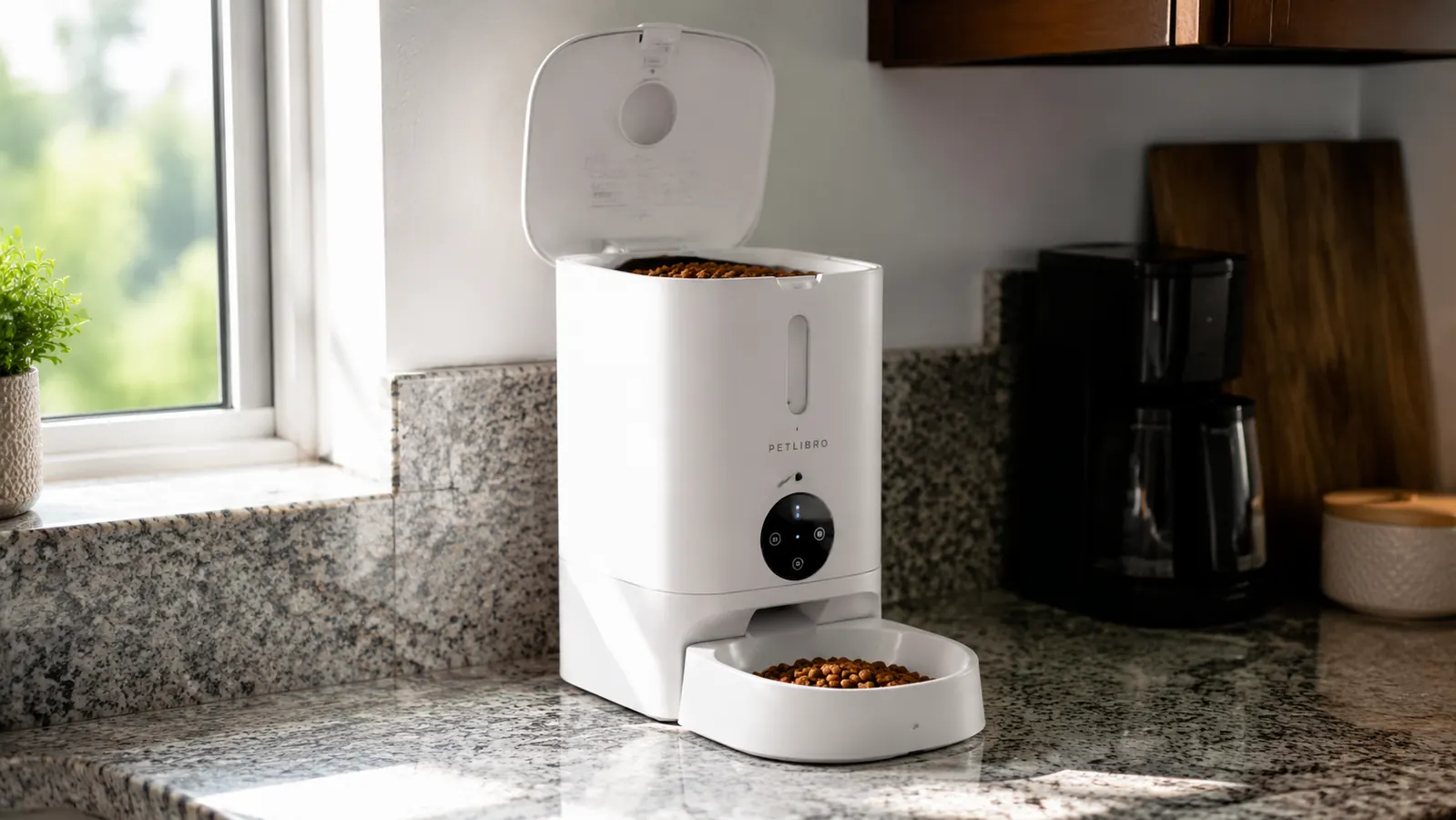 HoneyGuaridan automatic cat feeder on a kitchen counter, lid open showing the dry kibble hopper