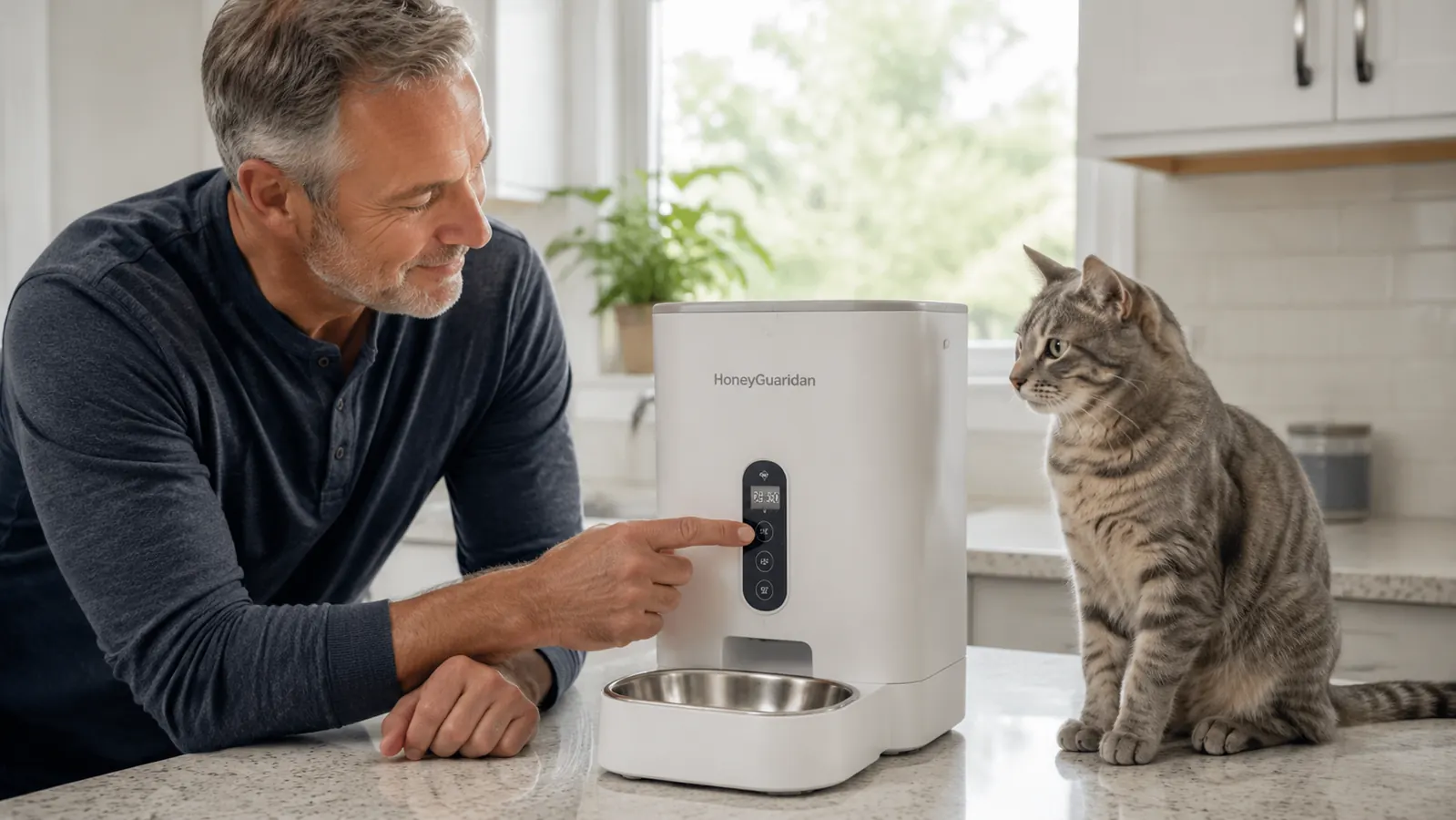Hand pressing the manual feed button on the HoneyGuaridan feeder while a tabby cat watches