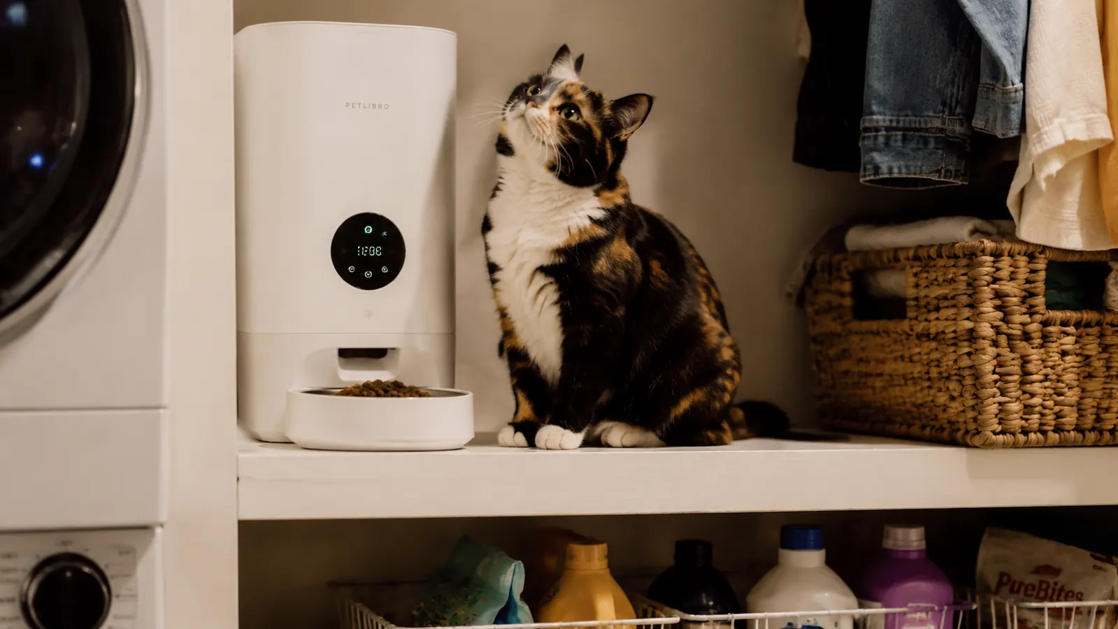 HoneyGuaridan 3.5L automatic cat feeder on a kitchen counter with two cats waiting nearby