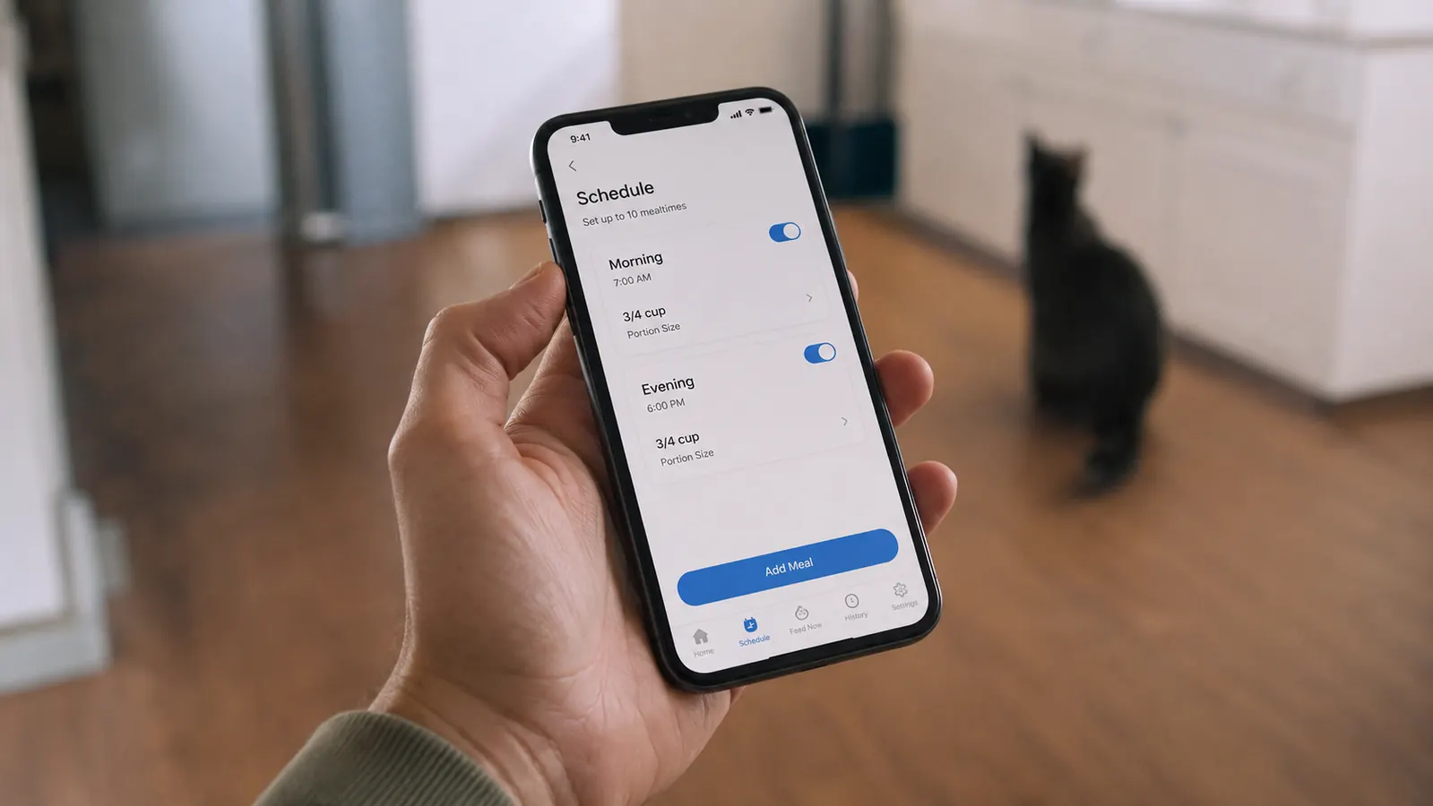 Phone screen showing a cat feeder app scheduling interface with two daily meal times set at 7am and 5pm