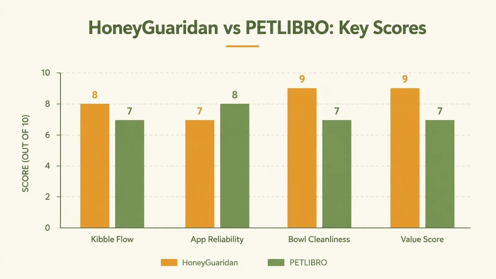 Side-by-side comparison chart of HoneyGuaridan versus PETLIBRO feeder specs including capacity, meal count, and app features
