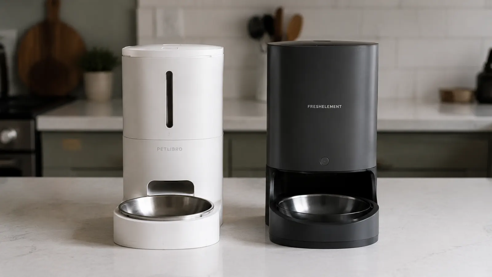 HoneyGuaridan automatic cat feeder on a kitchen counter next to a cat waiting for its meal