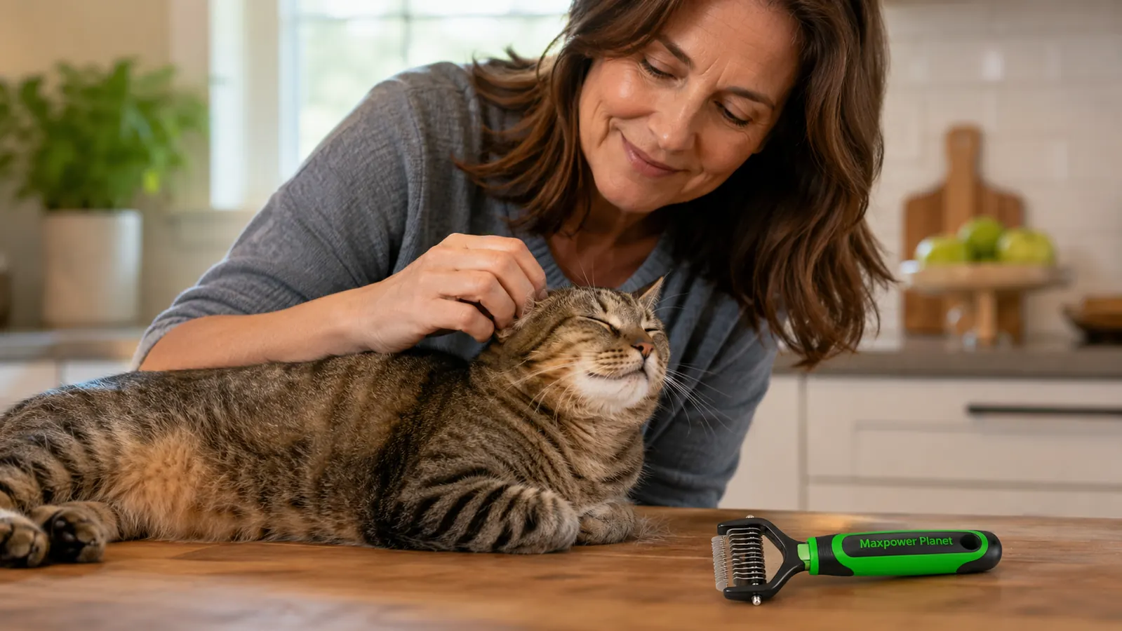 Close-up of the Maxpower Planet double-sided deshedding rake resting on a grooming mat next to a pile of loose cat fur