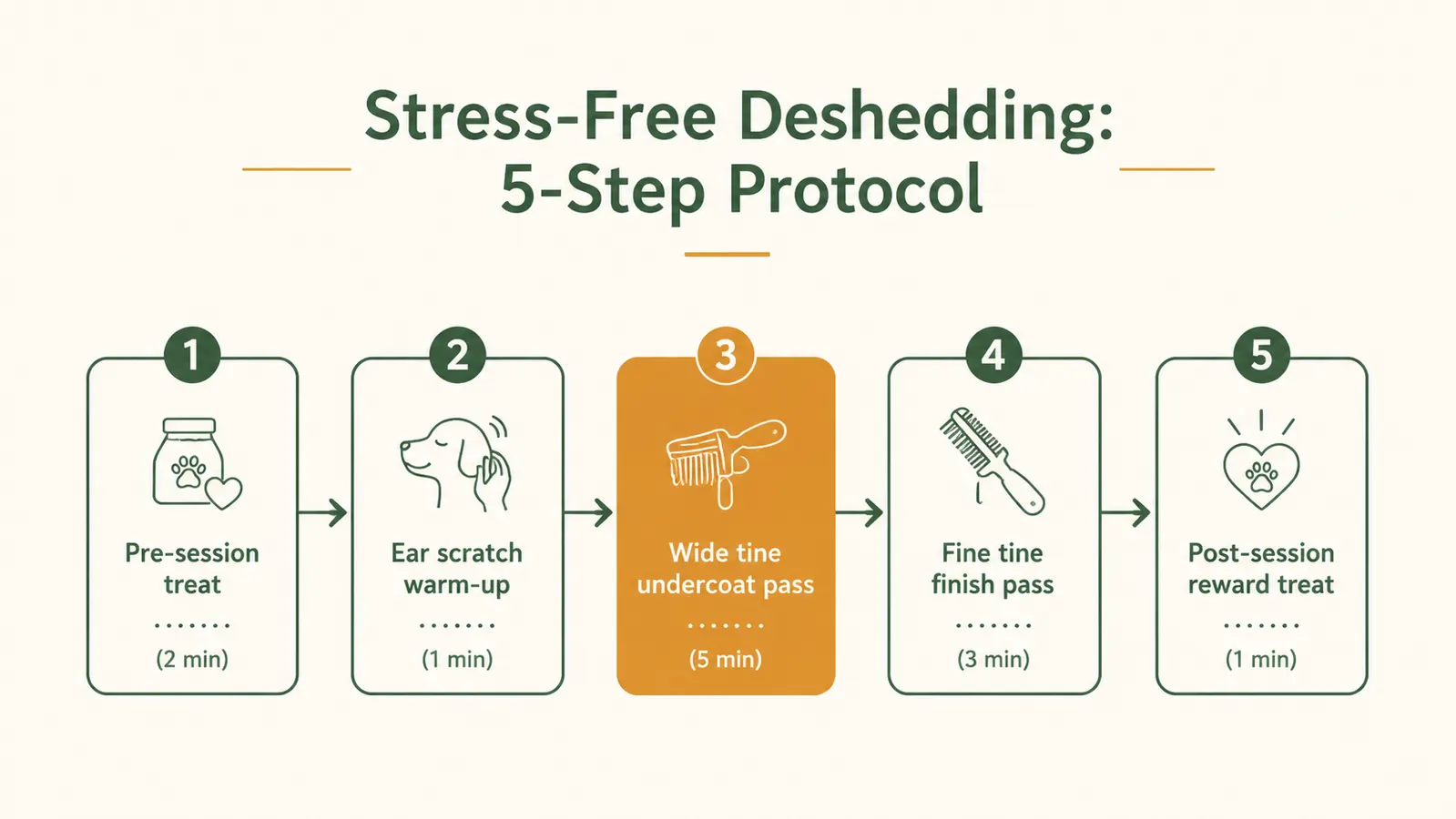 Infographic showing the five-step cat deshedding process from warm-up touch to post-groom reward
