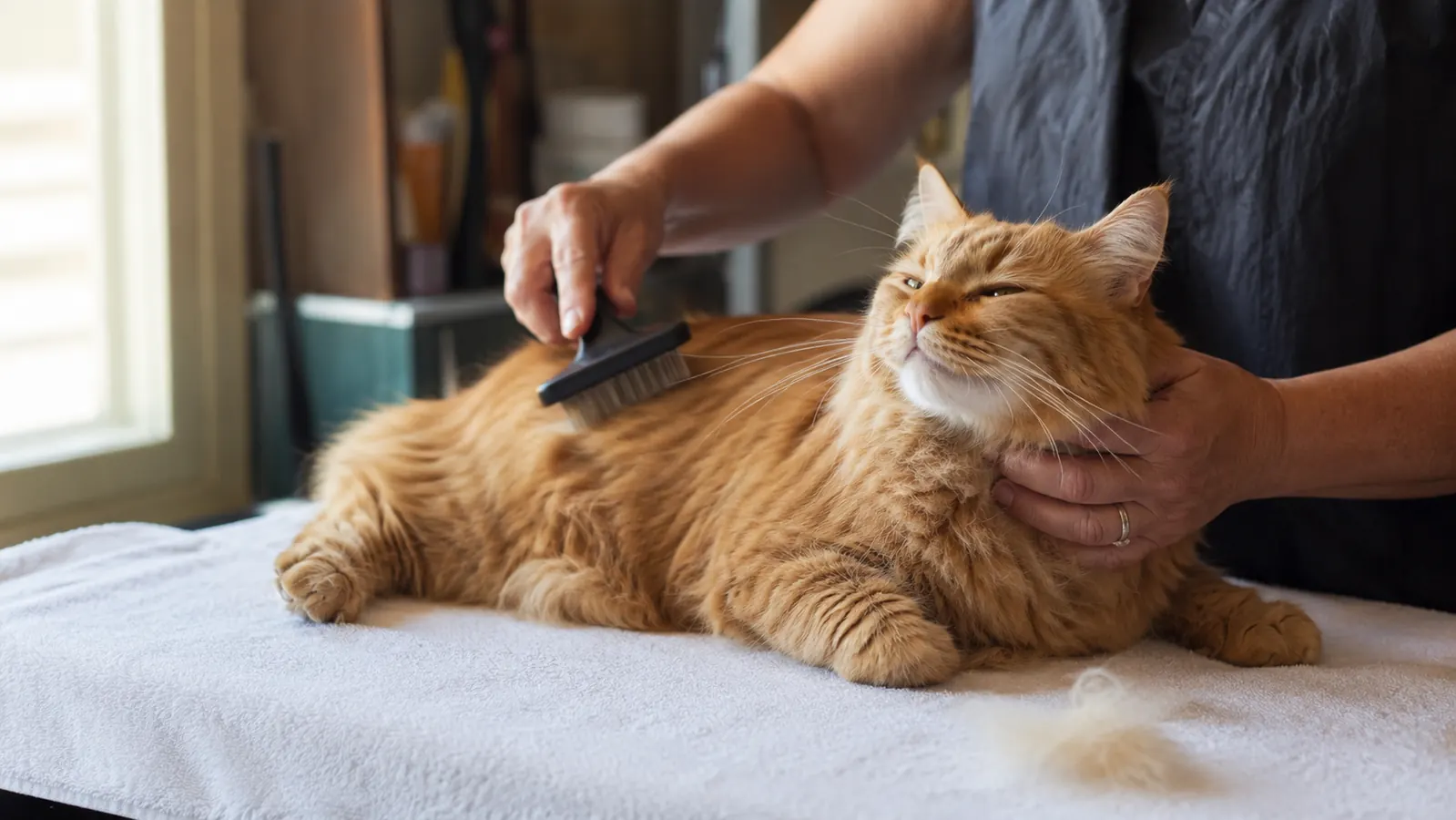 Person gently brushing a relaxed long-haired tabby cat on a wooden table in soft natural light