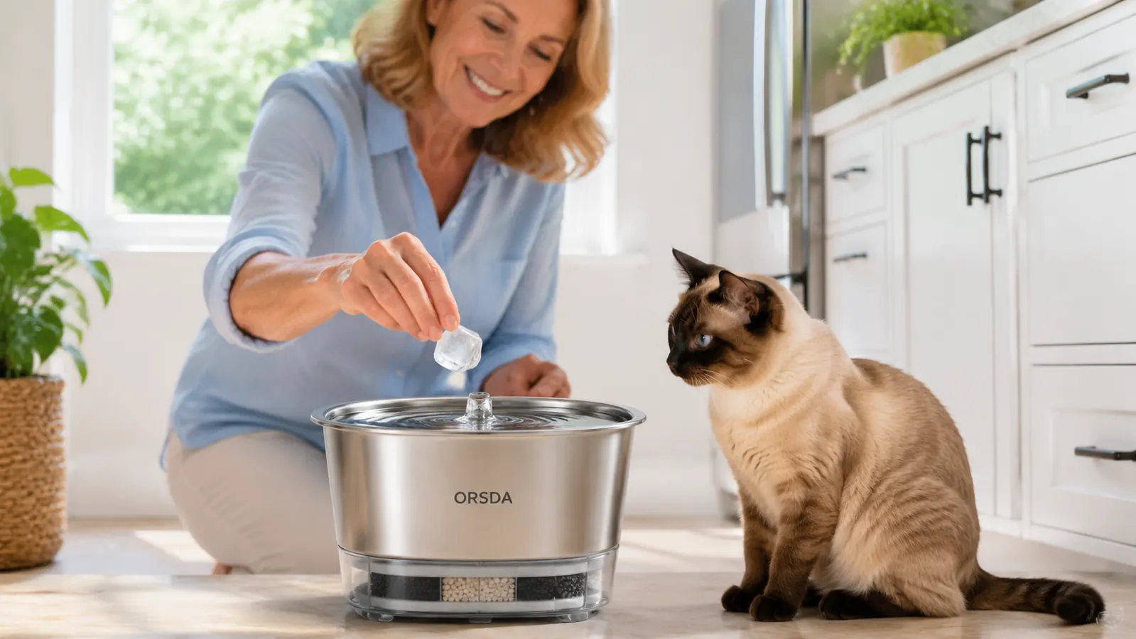 Hand placing the ORSDA stainless steel cat fountain on a counter next to a water bowl for comparison