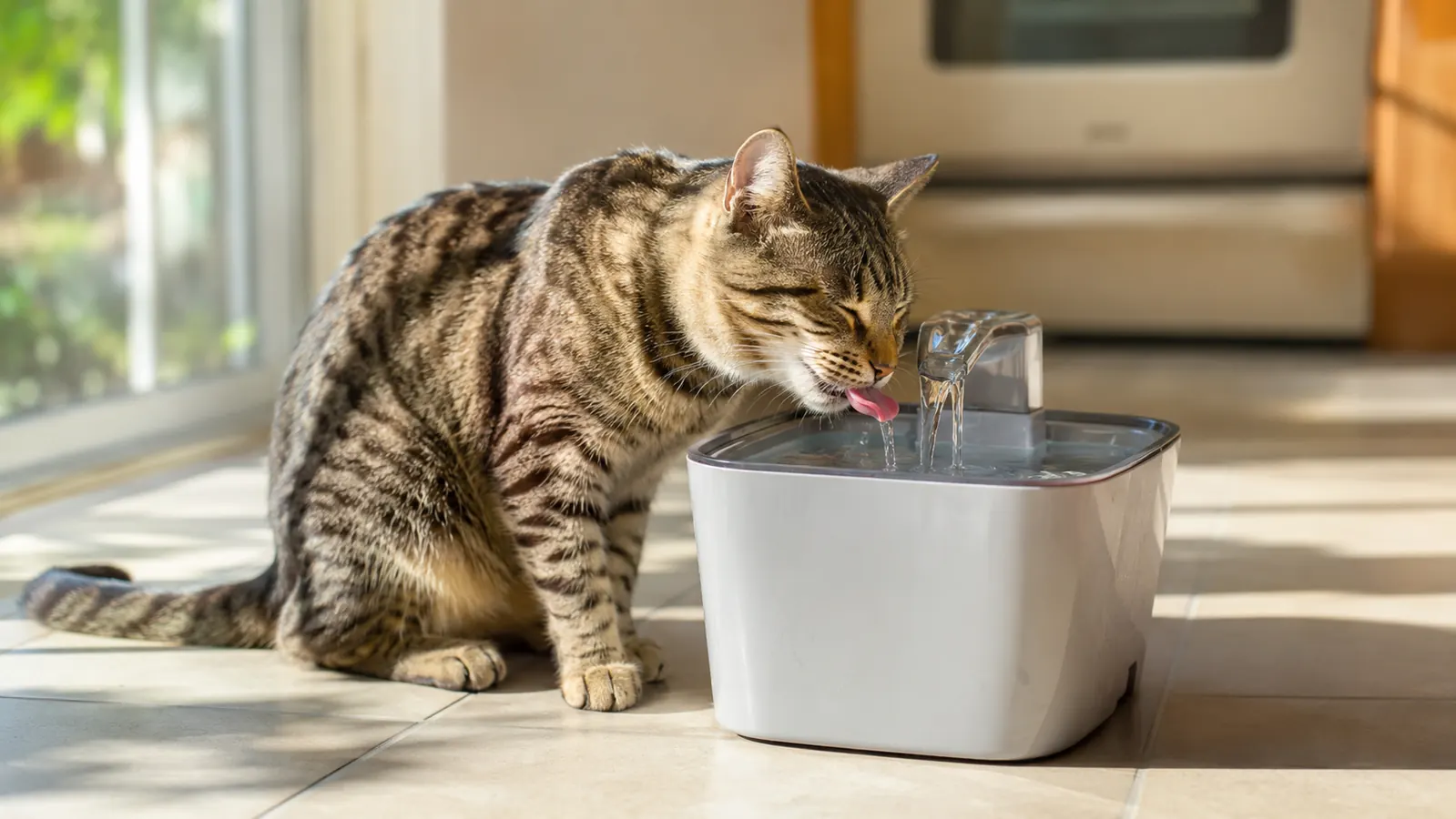 Gray tabby cat drinking from a flowing water fountain on a light kitchen counter