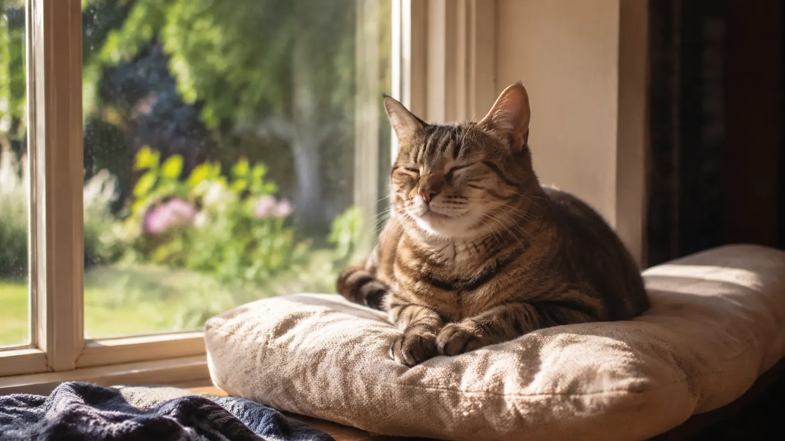 Cat perched on a multi-level cat tree near a window with a bird feeder visible outside