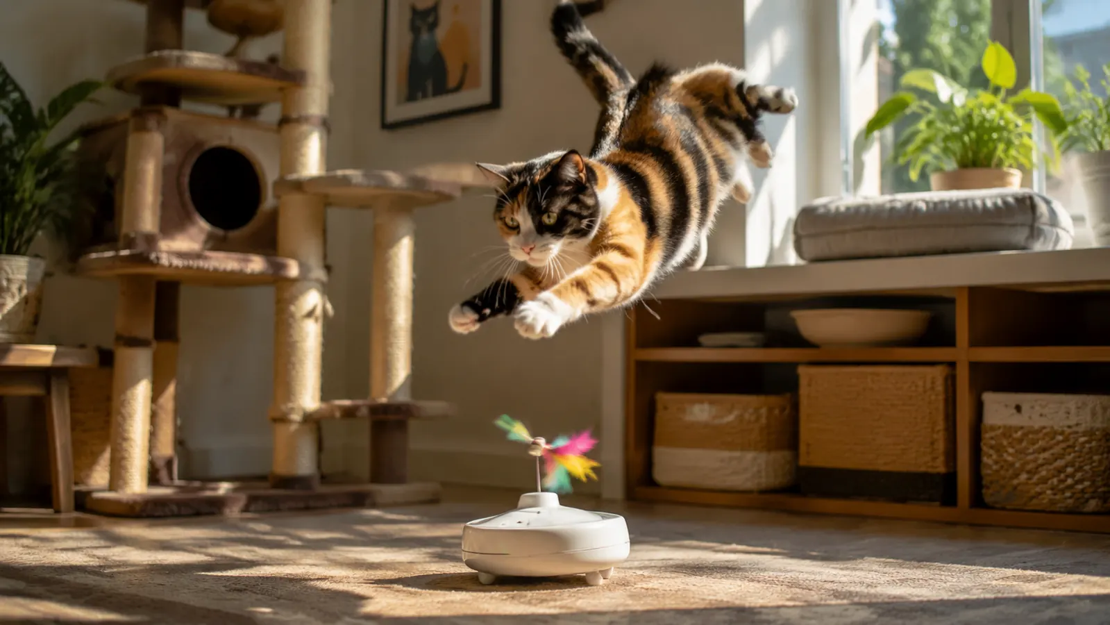 Tabby cat batting at a hanging feather toy by a sunny window in a cozy living room