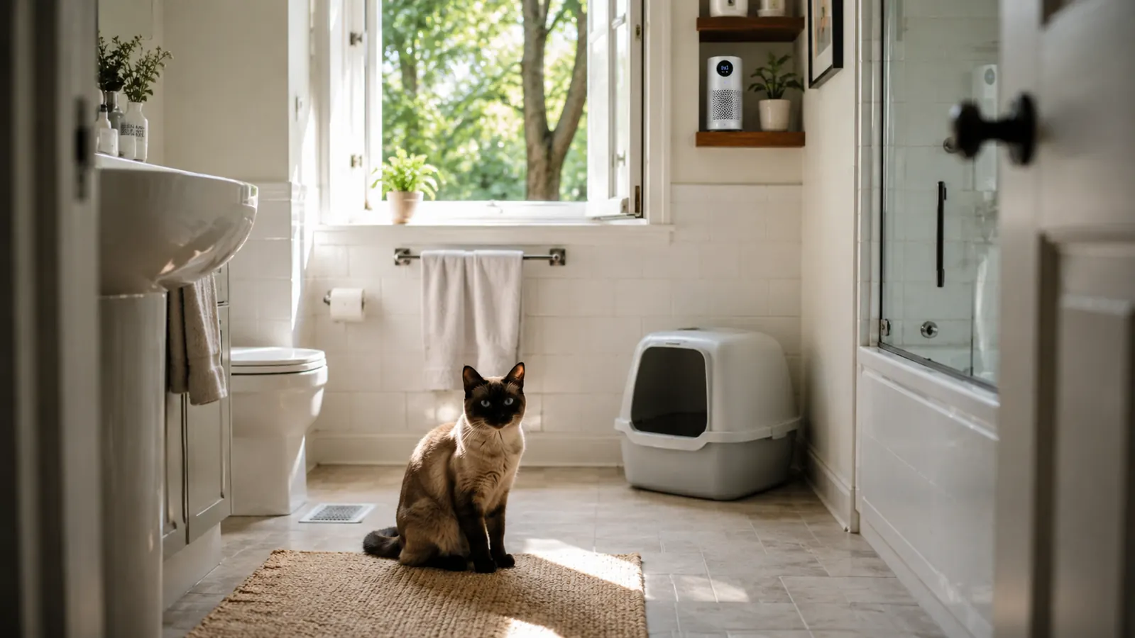 A tidy apartment living room with a cat sitting near a clean, enclosed litter box in the corner, natural light streaming through a window