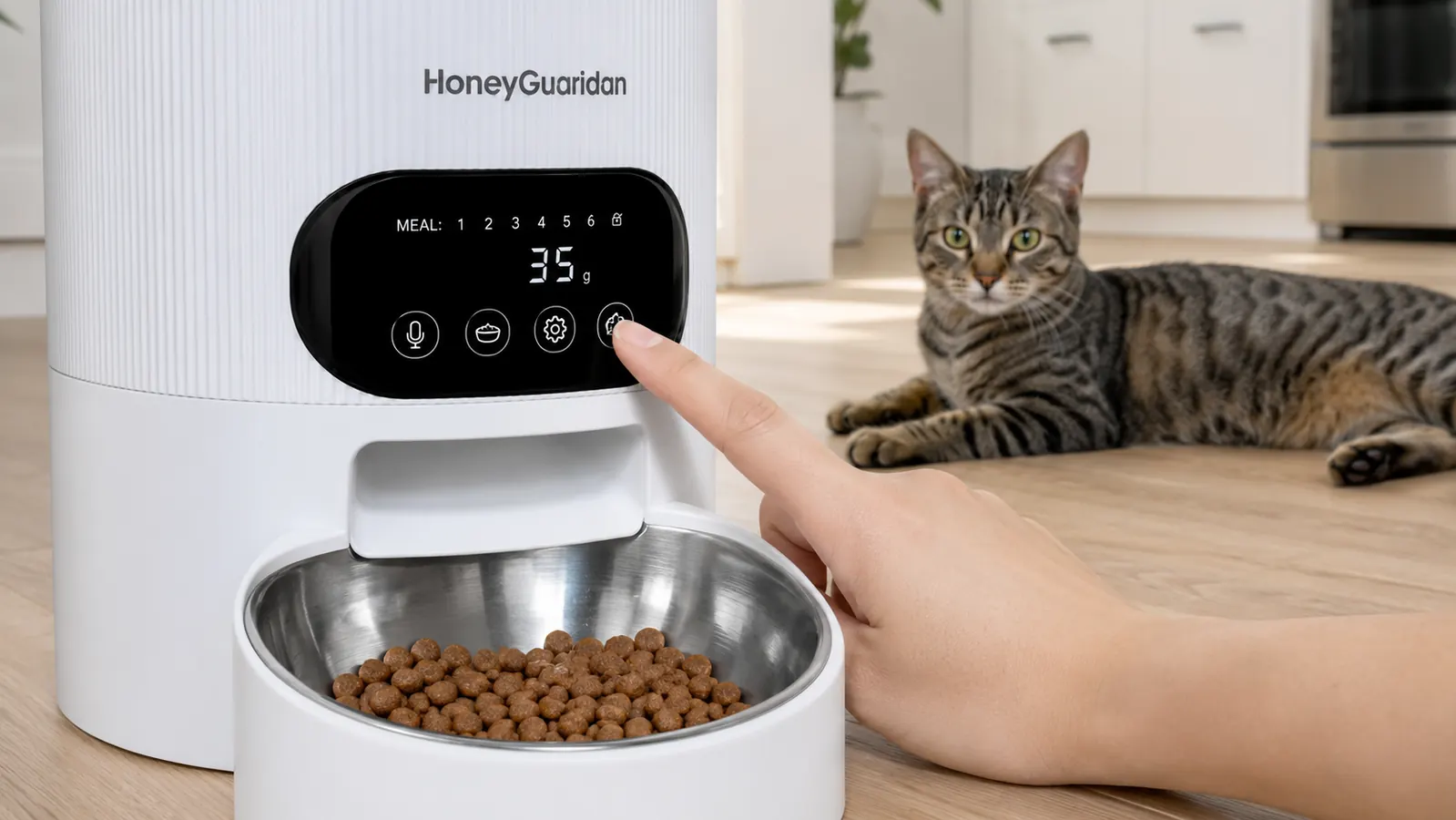Cat eating from a stainless steel bowl inside an automatic feeder, crouched and focused