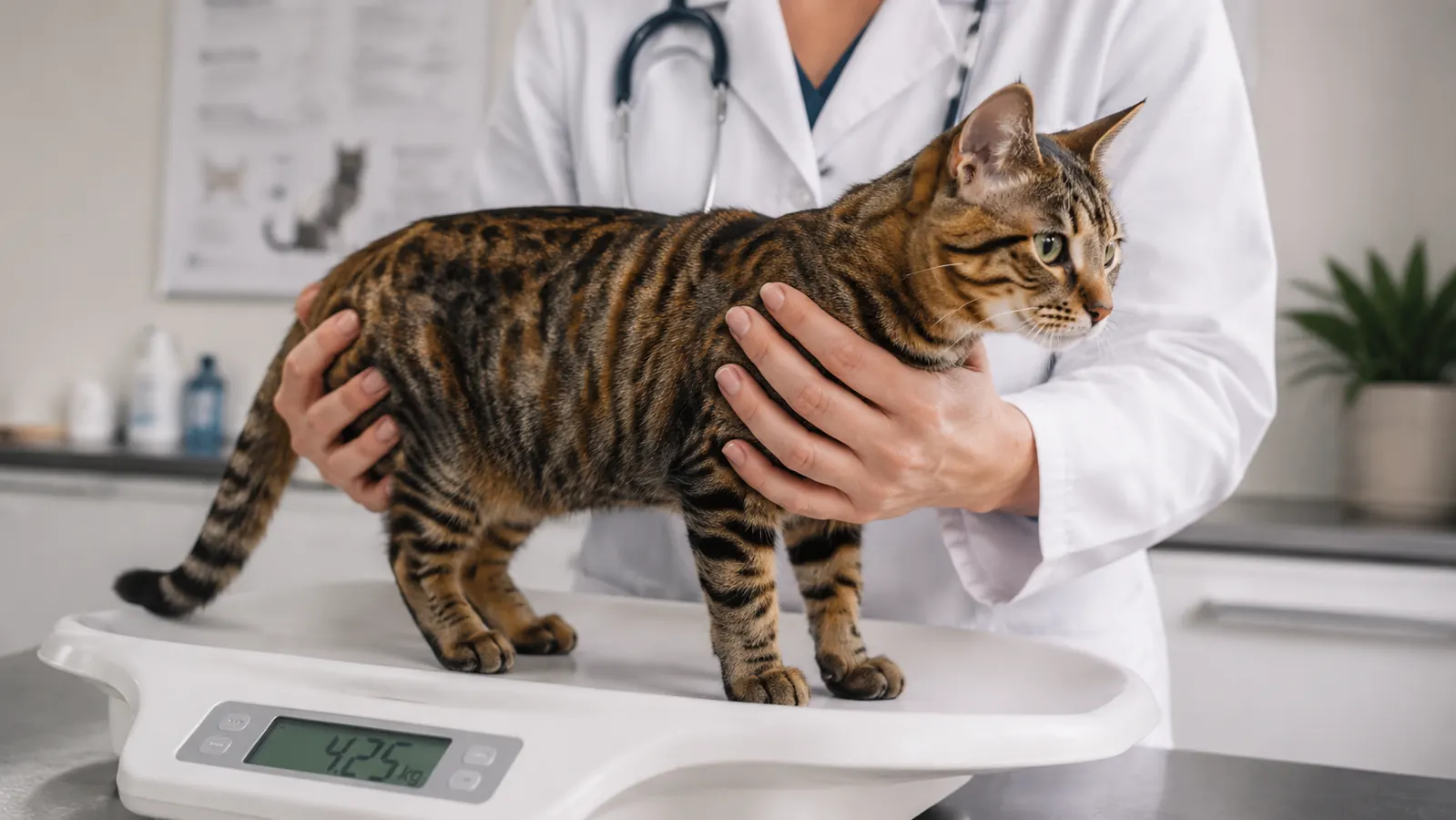 Cat sitting calmly on a scale being weighed by an owner, both relaxed