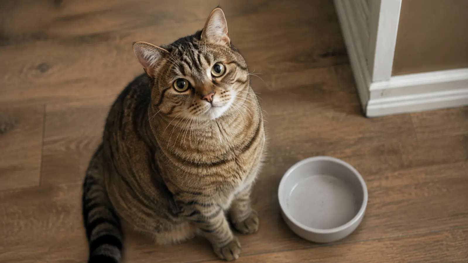 Tabby cat sitting next to an automatic cat feeder on a kitchen floor, looking up expectantly