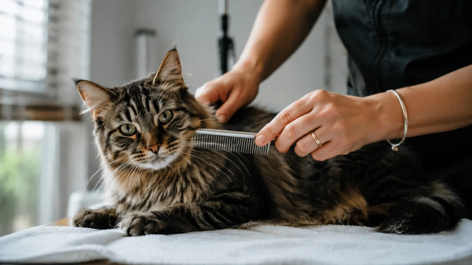 Brown tabby cat sitting on a wooden table looking skeptically at a grooming rake placed beside it