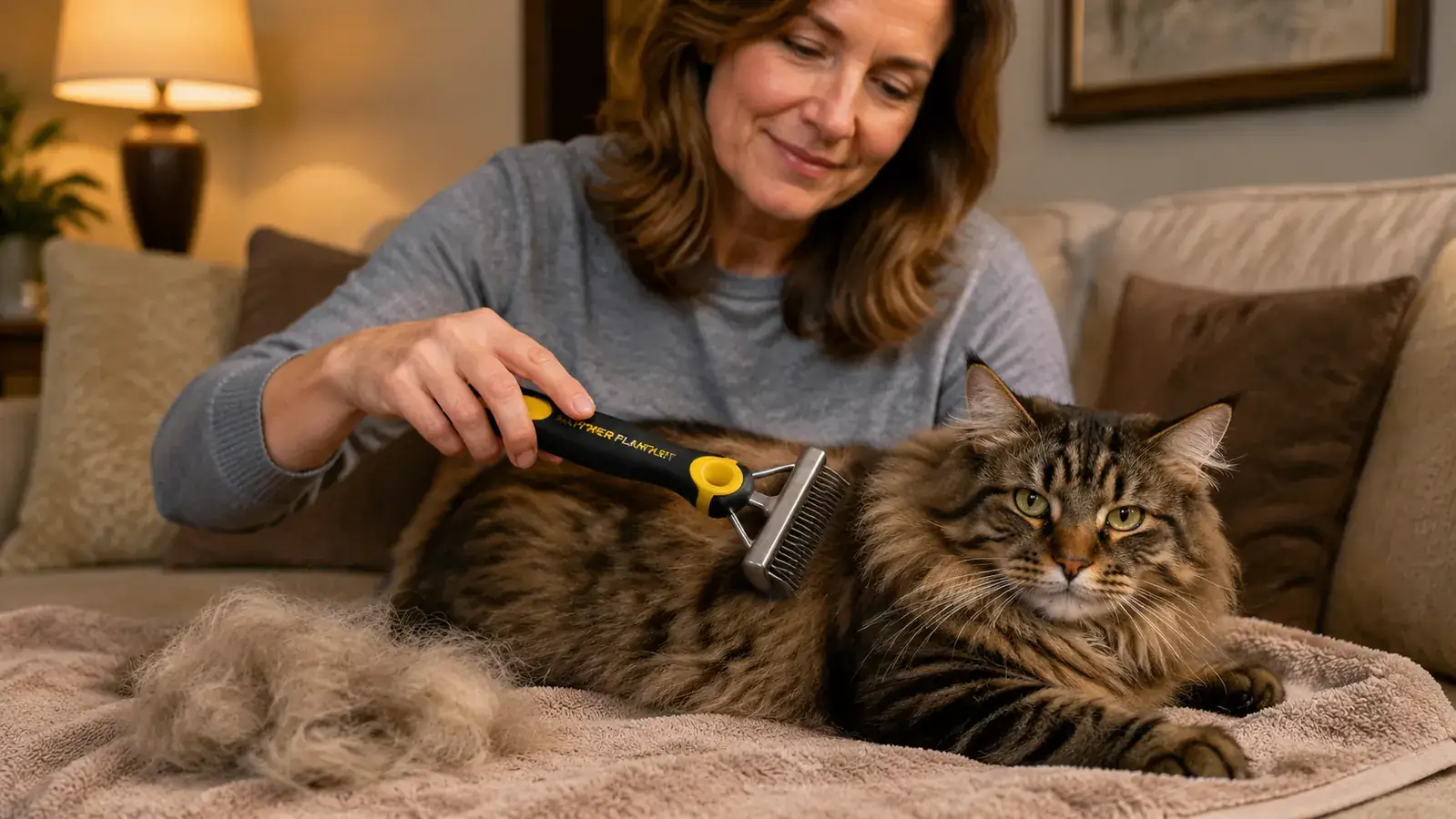 Hand using the Maxpower Planet double-sided grooming rake on a long-haired cat, showing fur being pulled from the dense undercoat