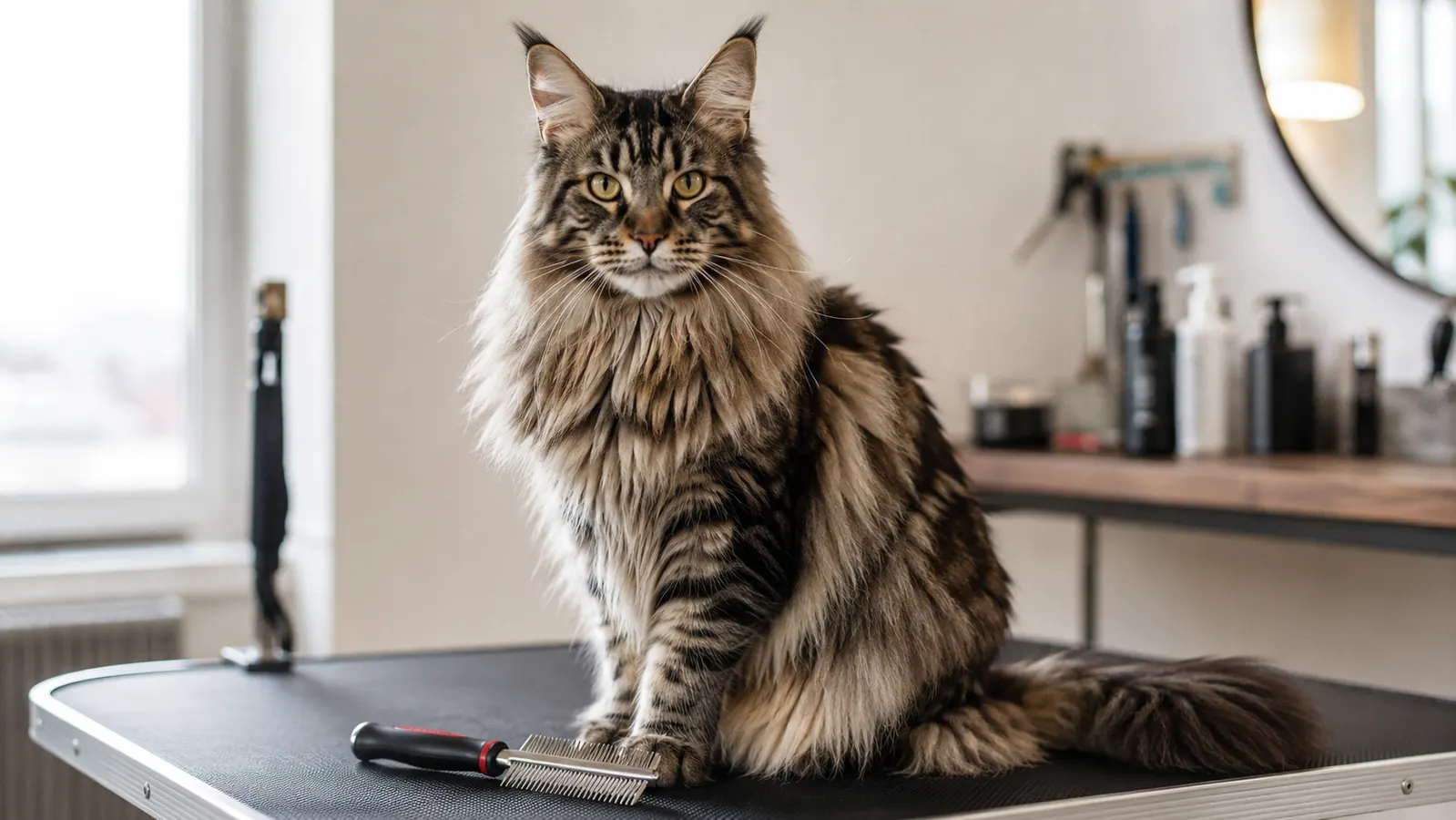 Long-haired Maine Coon cat sitting relaxed on a wooden floor near a window with morning light, fluffy fur visible