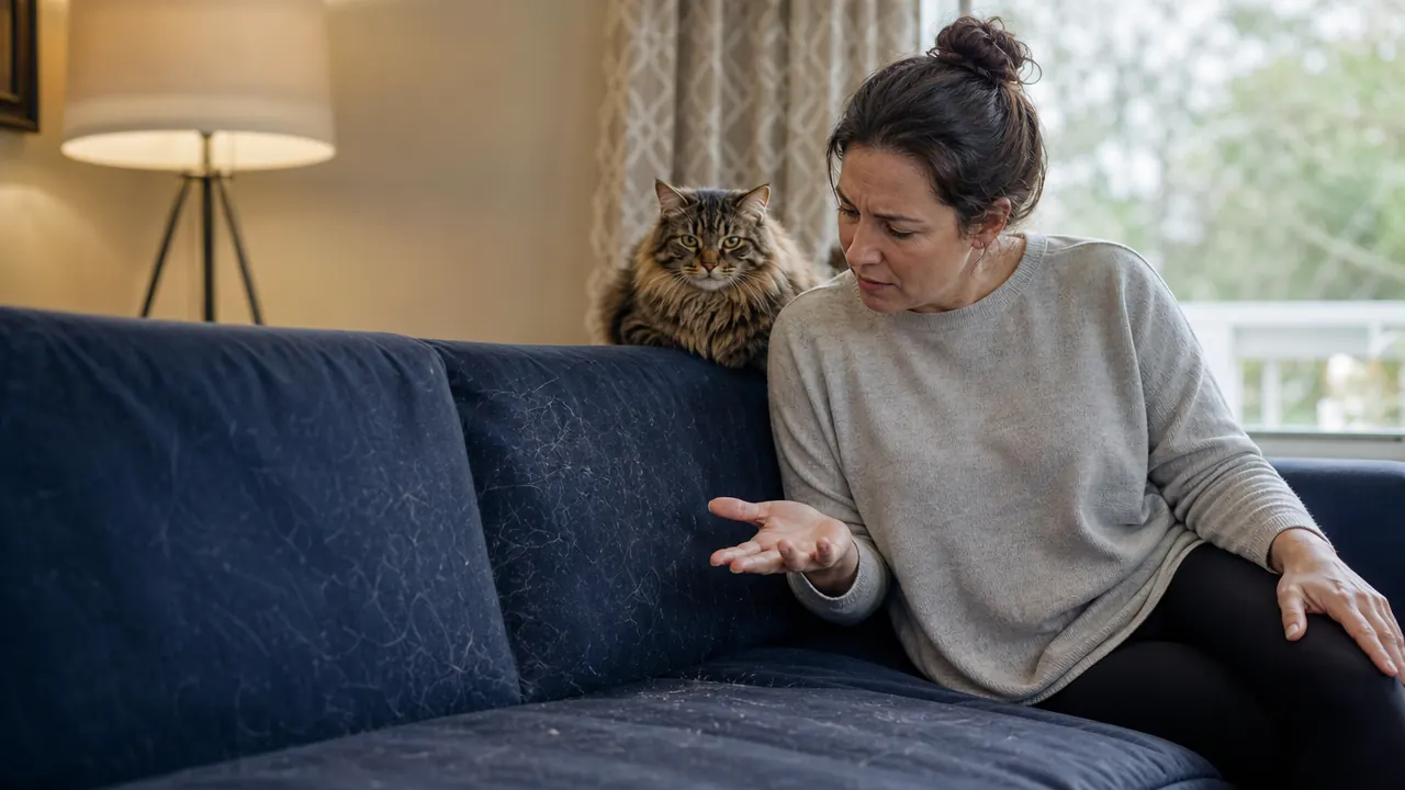 Long-haired tabby cat sitting on a sunlit couch covered in loose fur, owner looking tired in the background