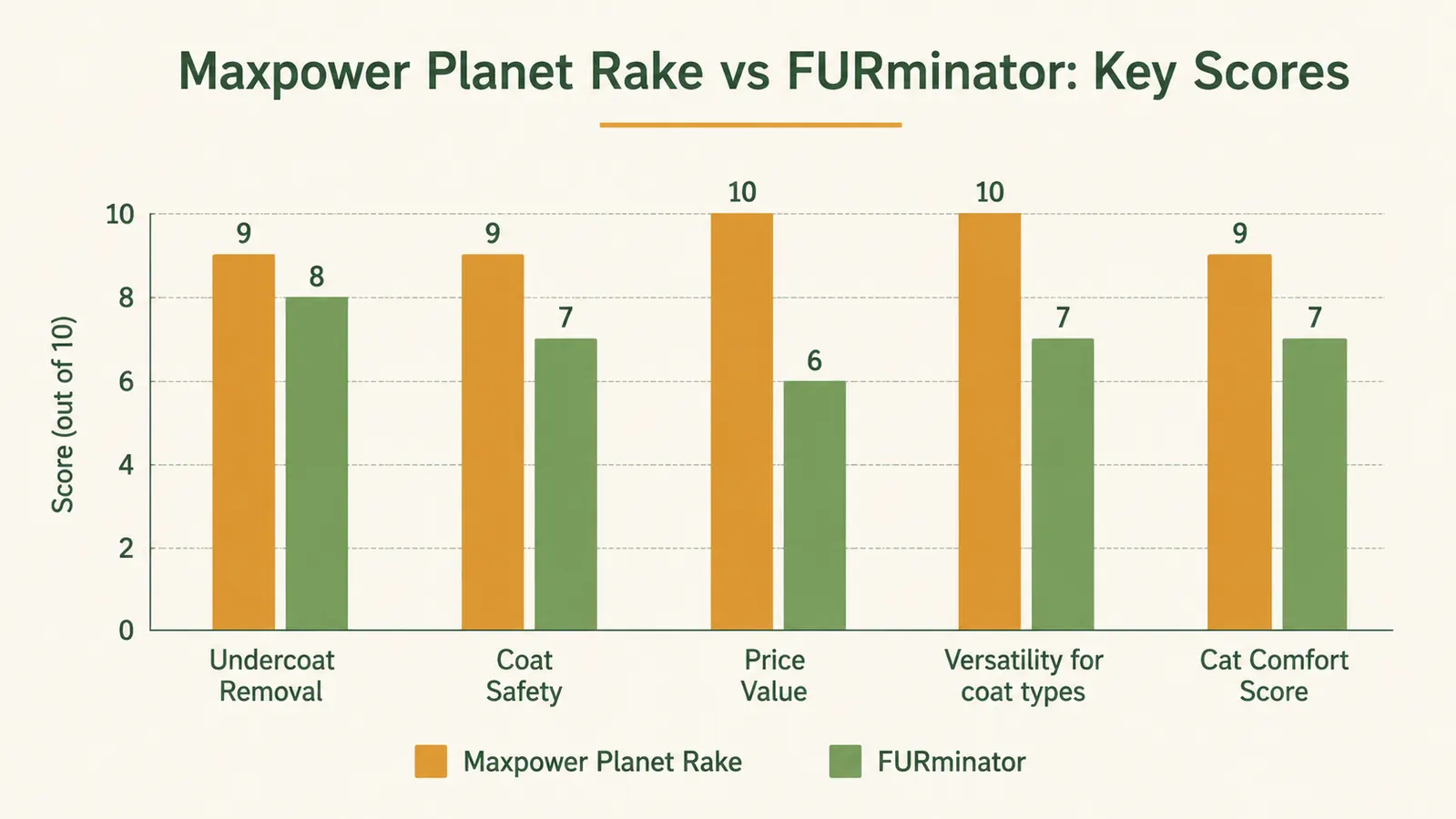 Side-by-side comparison chart of Maxpower Planet rake vs FURminator on price, teeth count, blade safety, and ease of cleaning