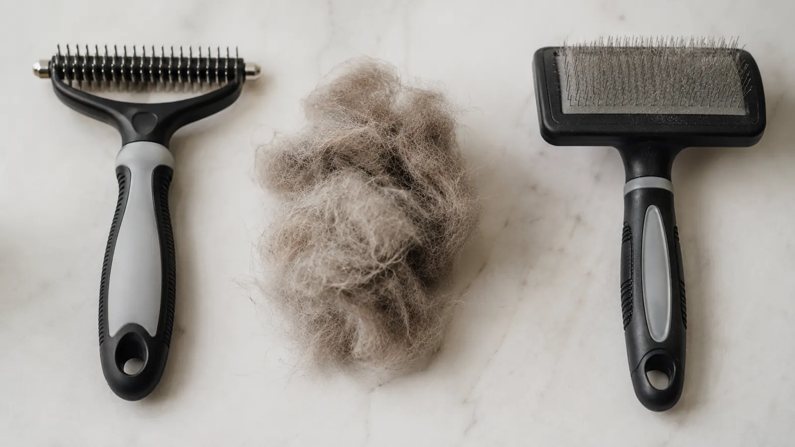 Two cat grooming tools side by side on a wooden surface next to a pile of loose cat fur