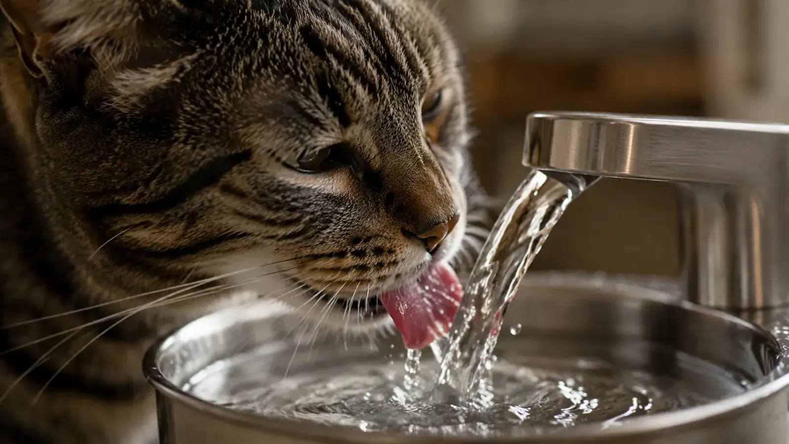 Cat drinking from the ORSDA fountain stream in a dim room showing the fountain is quiet enough for nighttime use