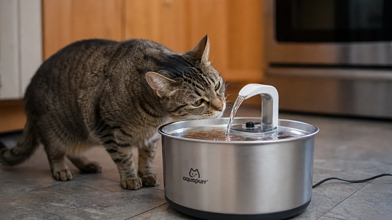 ORSDA stainless steel cat water fountain on a light tile floor with a gray cat approaching it cautiously