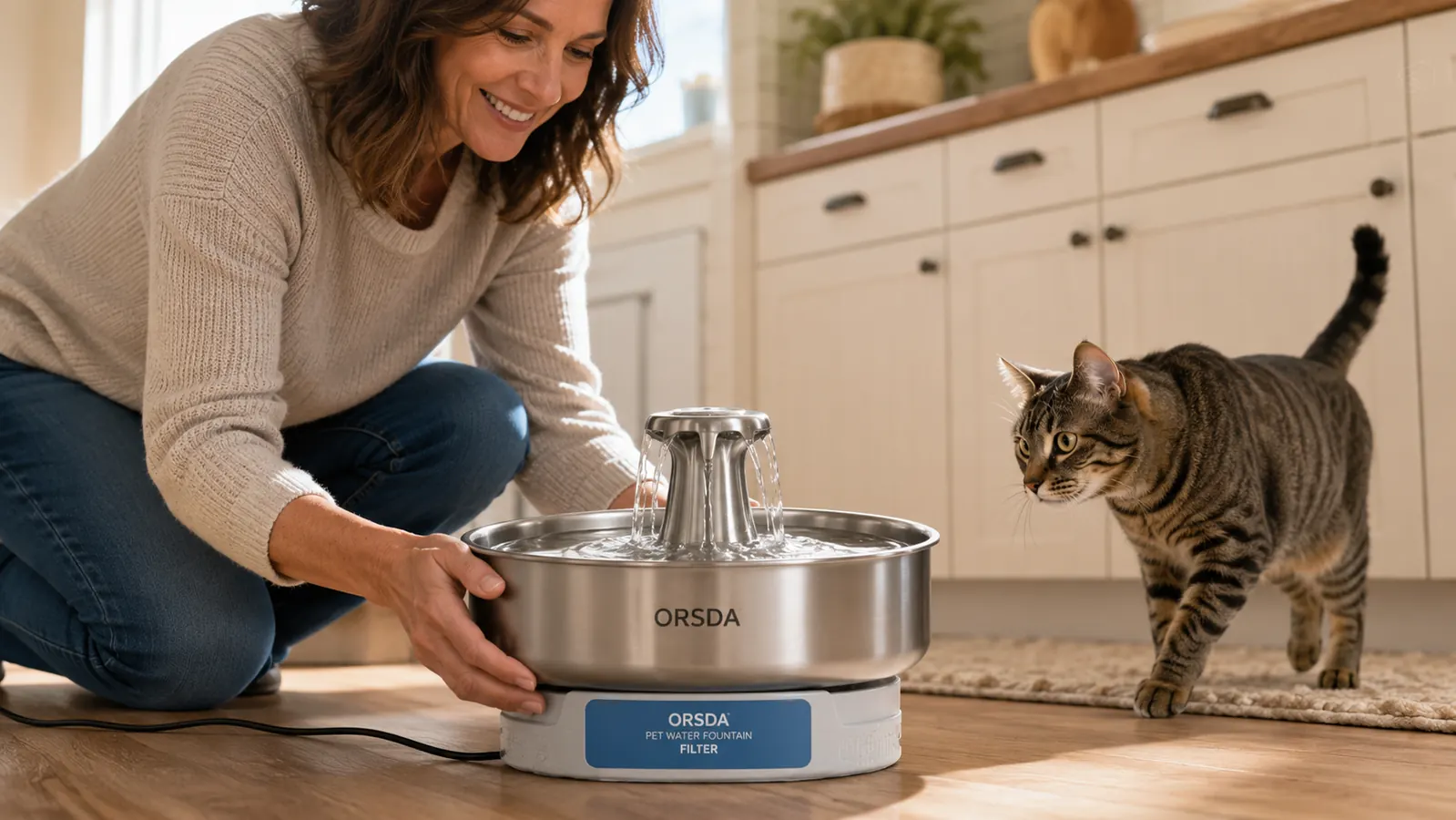 Close-up of the ORSDA stainless steel cat fountain with flowing water arc and filter visible