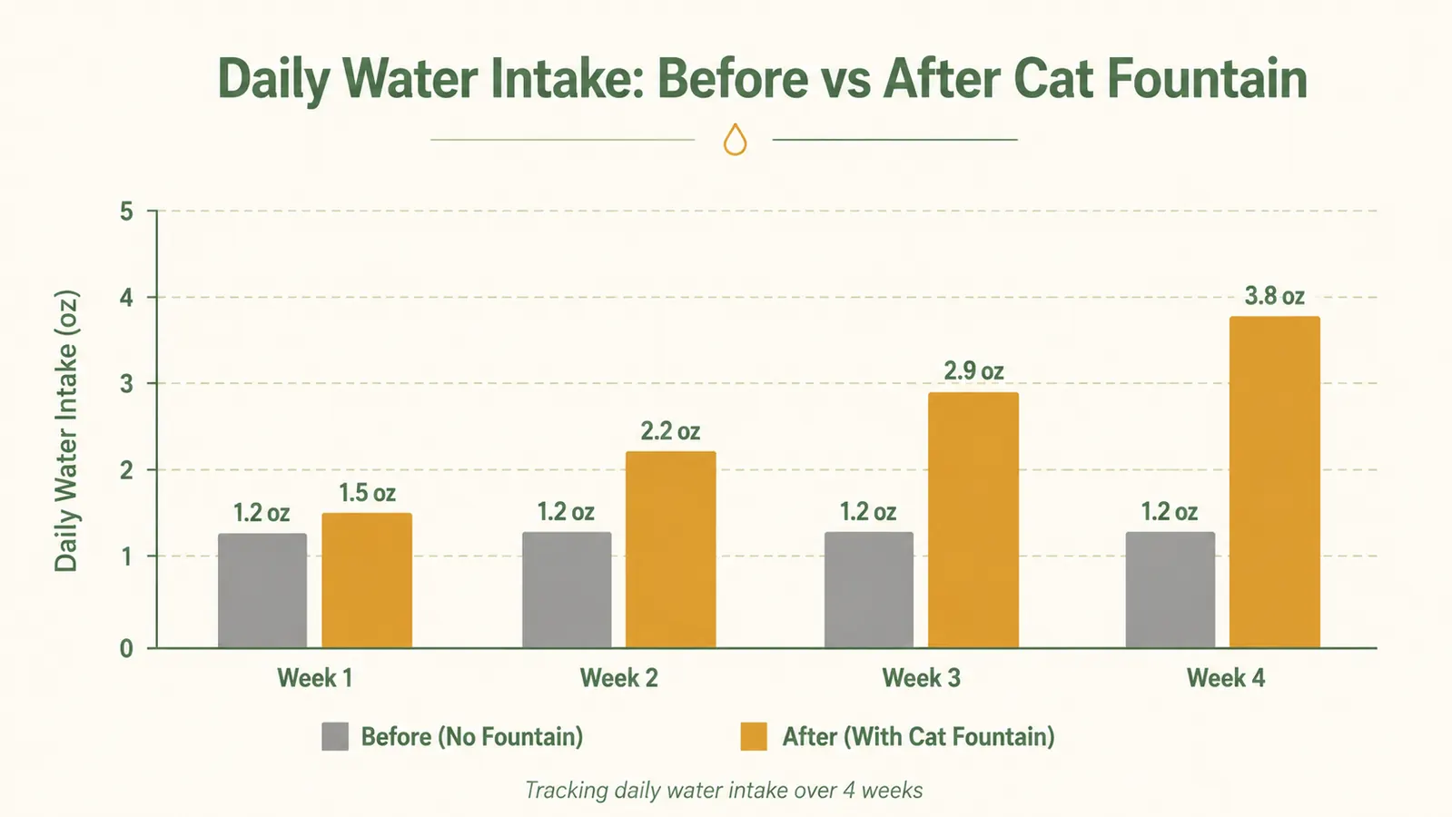 Chart showing cat daily water intake increasing from week one to week four after introducing a fountain