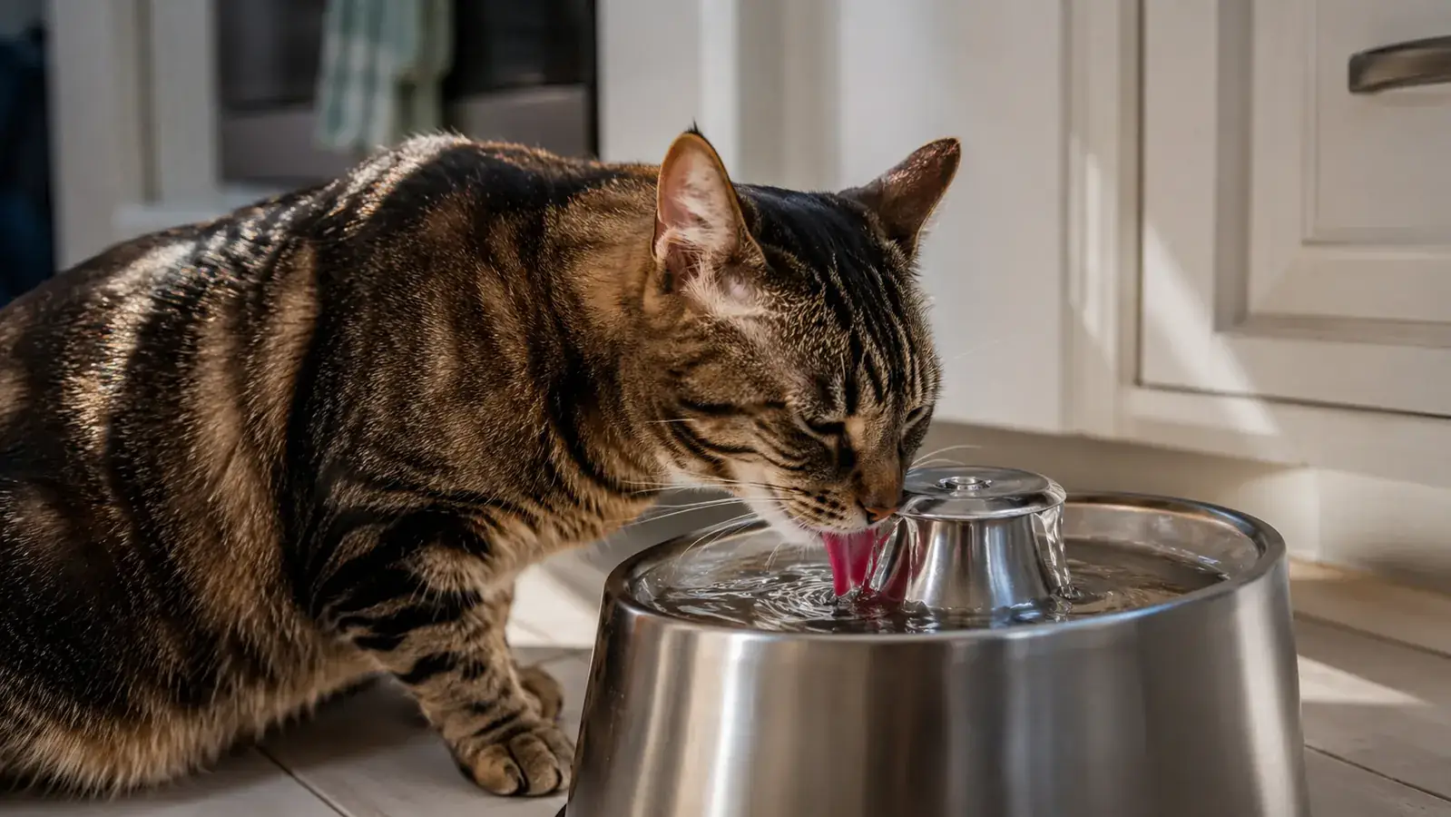 A cat owner sitting at a kitchen table with a coffee mug, cat on the table beside them