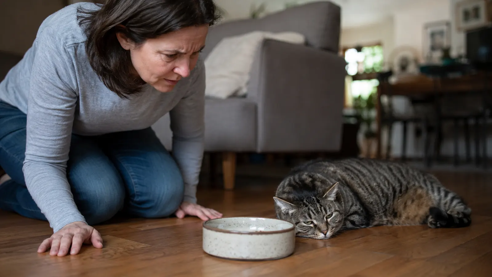 A gray tabby cat drinking from a stainless steel pet water fountain on a kitchen counter