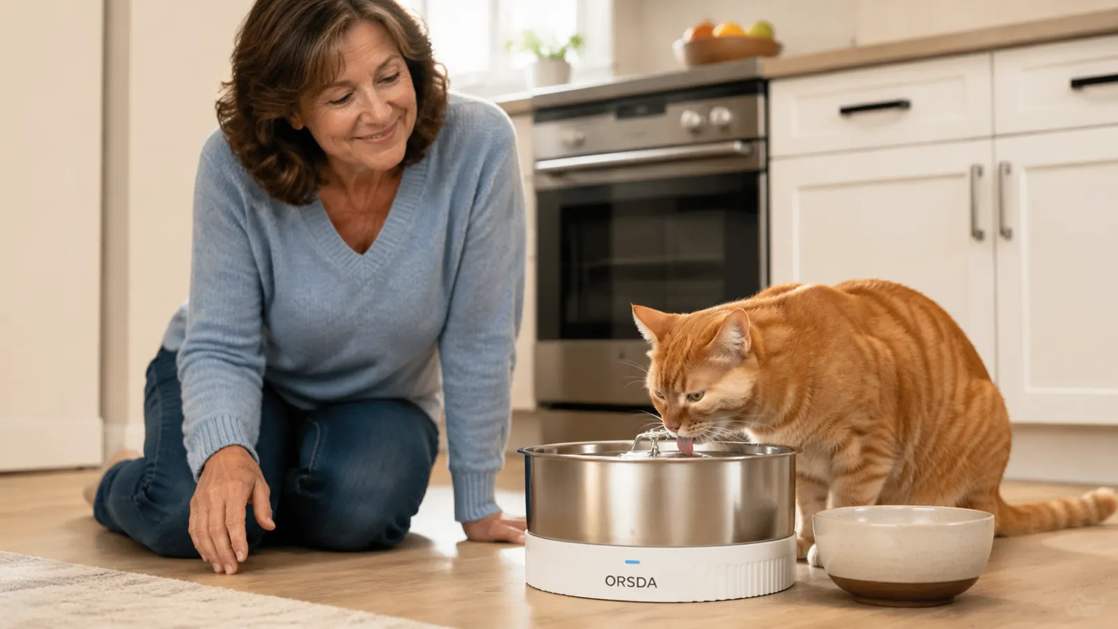 Orange tabby cat drinking from the flowing stream of the ORSDA stainless steel water fountain