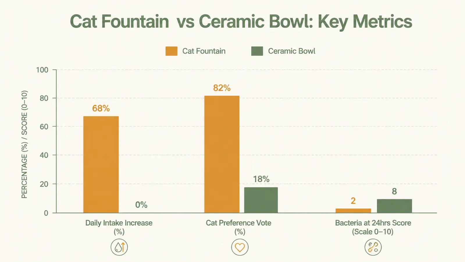 Bar chart comparing bacterial biofilm buildup over 48 hours in a static ceramic bowl versus a filtered circulating fountain