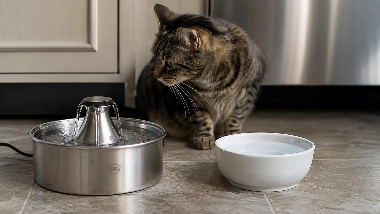 ORSDA stainless steel cat water fountain running beside an empty ceramic bowl on a tile kitchen floor