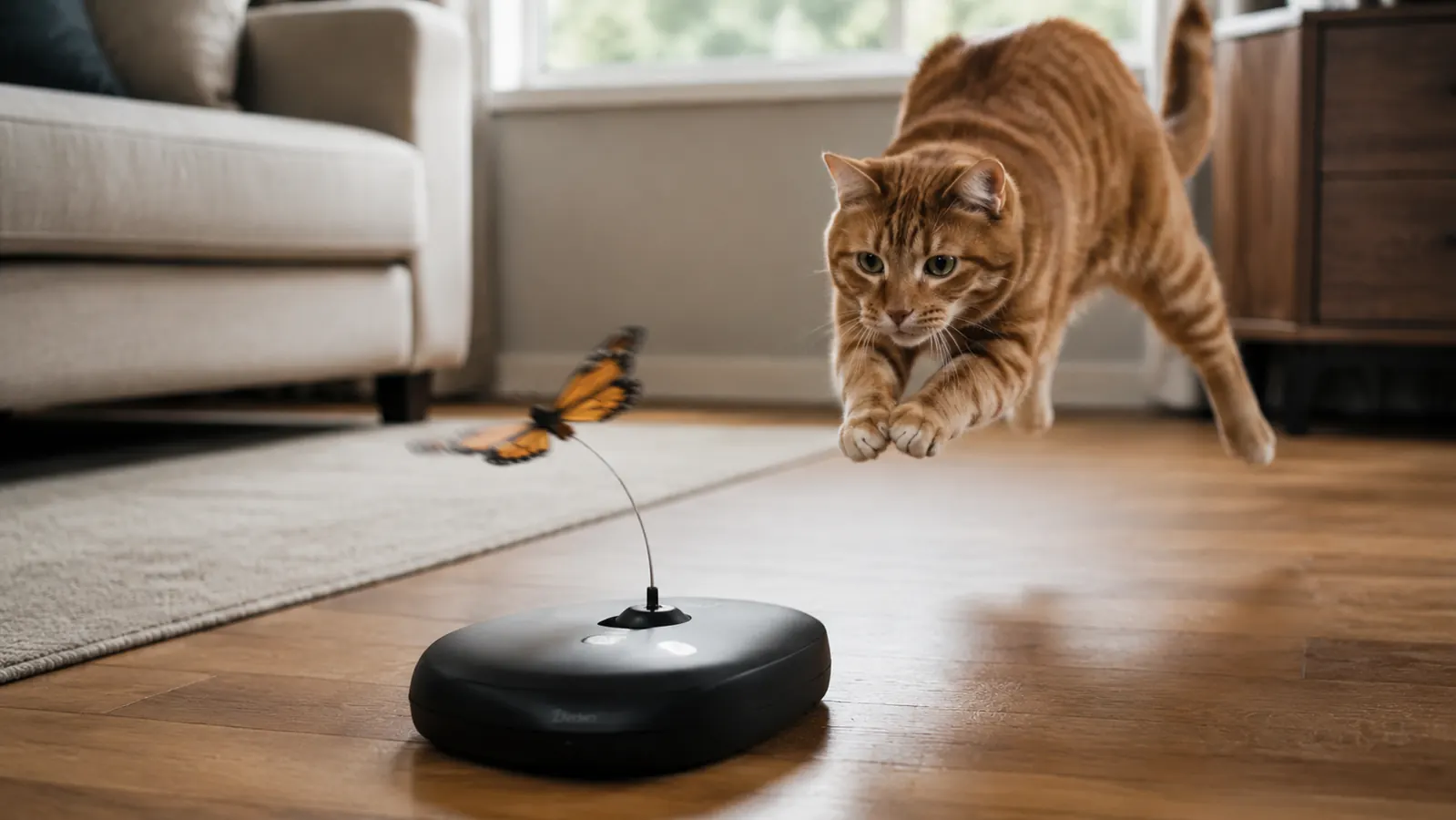 White 3-in-1 interactive cat toy sitting on a tile floor with a feather extending from the top dome and a tabby cat watching from a distance