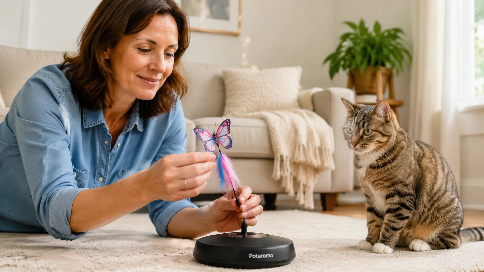 Close-up of the Potaroma 3-in-1 toy showing the butterfly feather emerging from the top hole while a cat paw swipes at it