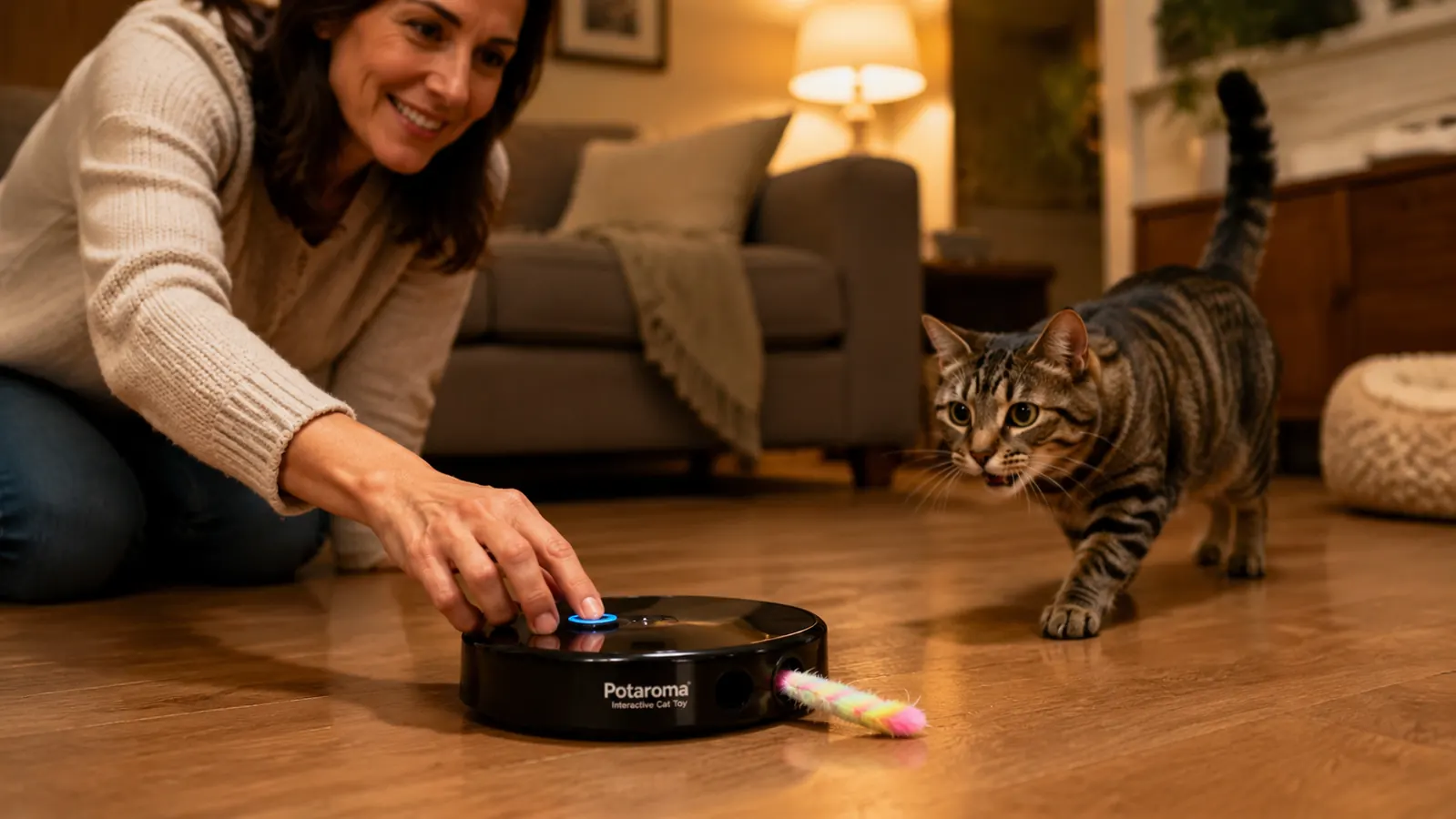 Close-up of an interactive cat toy with a fluttering butterfly attachment spinning above a circular base, cat paw reaching toward it